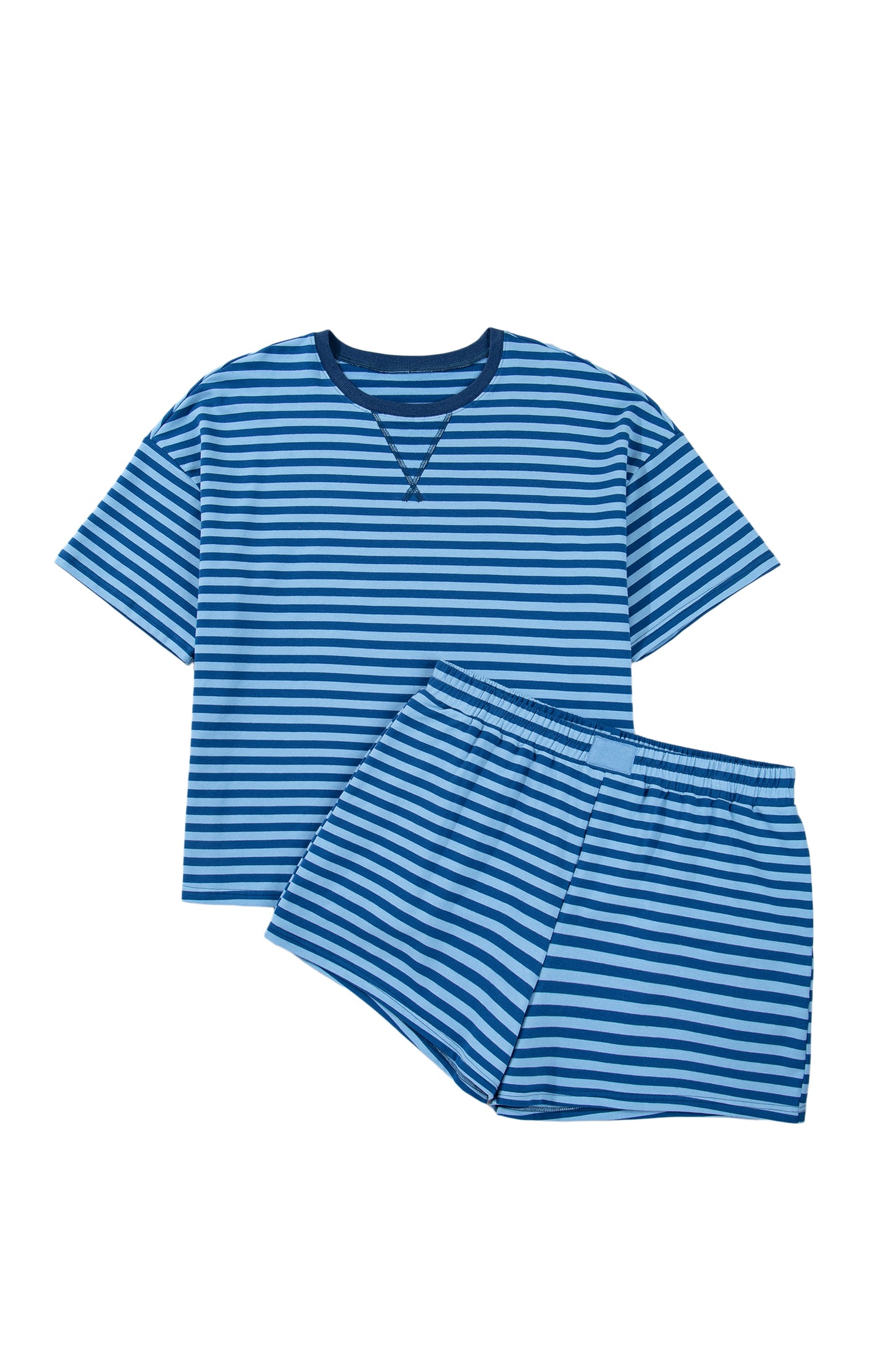 Blue Stripe Plus Size Dropped Shoulder Tee and Shorts Two-Piece Set-Plus Size/Plus Size Loungewear-[Adult]-[Female]-2022 Online Blue Zone Planet