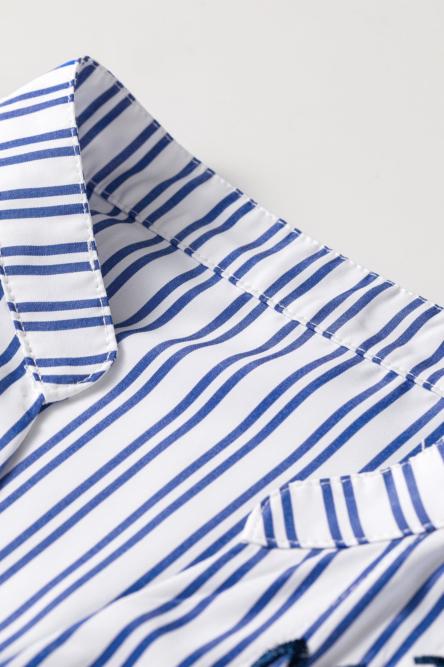 Blue Stripe Embroidered Detail Button Front Long Sleeve Shirt-Tops/Blouses & Shirts-[Adult]-[Female]-2022 Online Blue Zone Planet