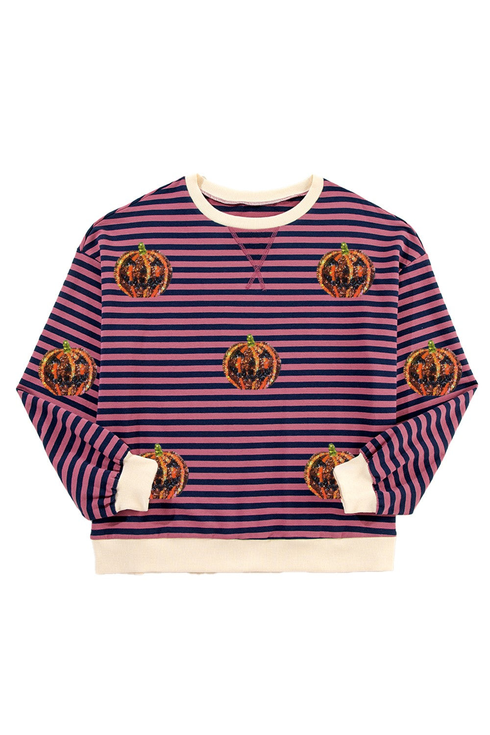 Pumpkin Striped Round Neck Long Sleeve Sweatshirt-TOPS / DRESSES-[Adult]-[Female]-2022 Online Blue Zone Planet