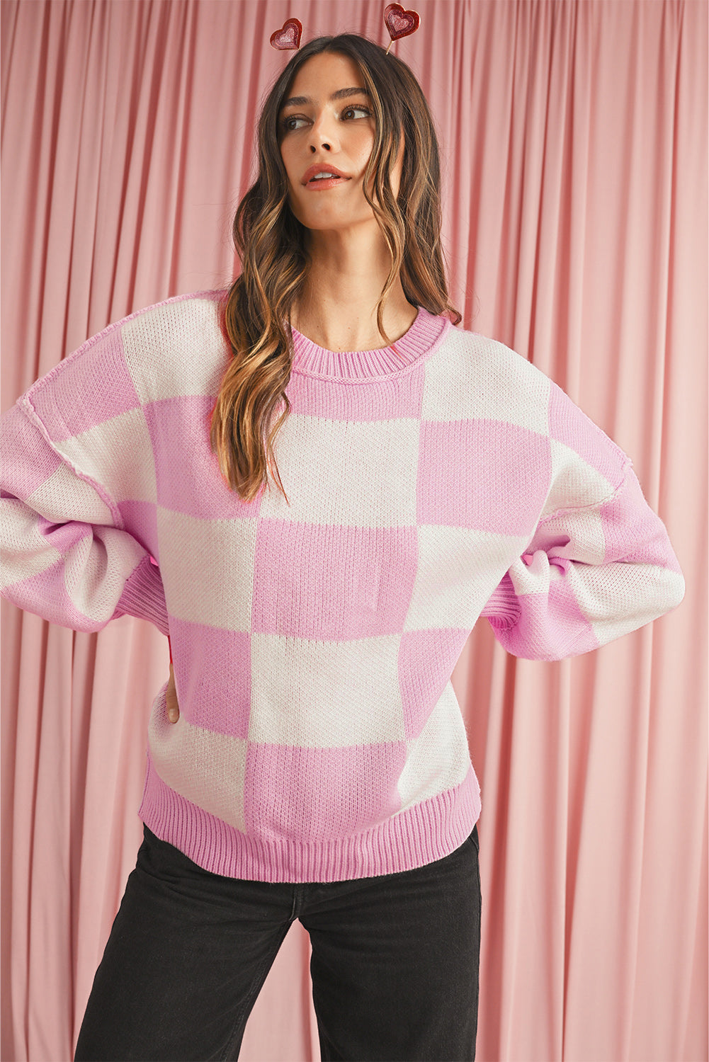 Blue Zone Planet | Pink Checked Bishop Sleeve Pullover Sweater-Sweaters-[Adult]-[Female]-2022 Online Blue Zone Planet