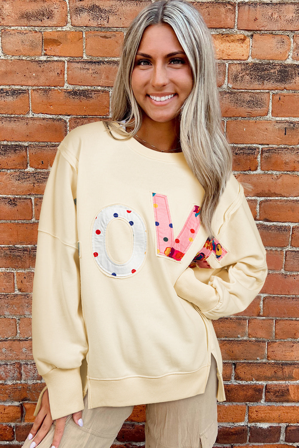 Apricot LOVE PATCH Graphic Oversized Sweatshirt-Tops/Sweatshirts & Hoodies-[Adult]-[Female]-2022 Online Blue Zone Planet