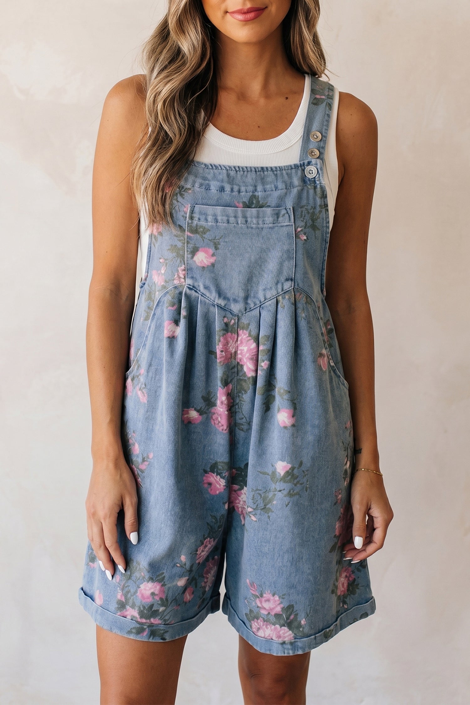 Myosotis Floral Print Denim Shortalls-Bottoms/Jumpsuits & Rompers-[Adult]-[Female]-2022 Online Blue Zone Planet