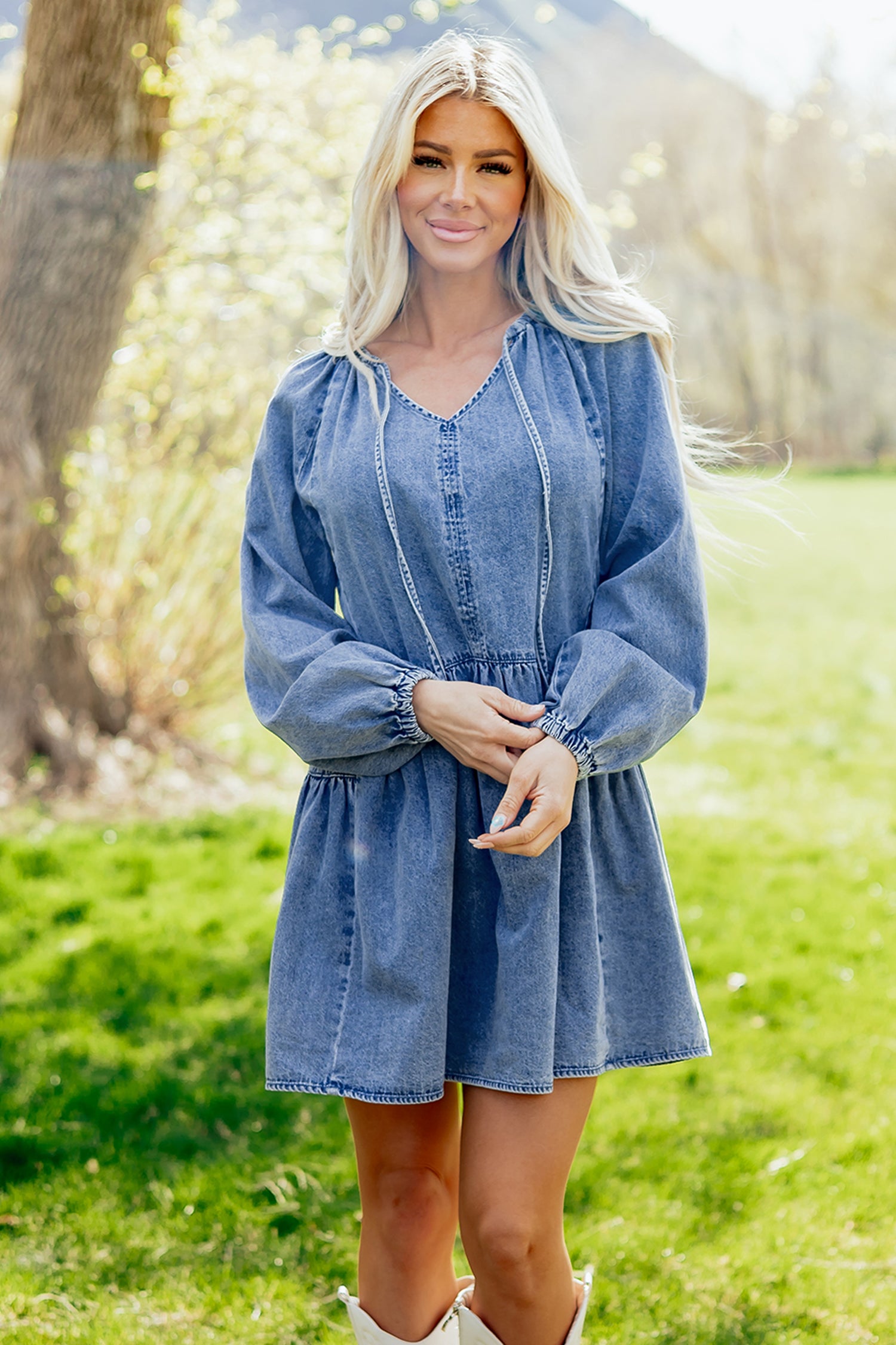 Myosotis Puff Sleeve V Neck Ruffled Loose Denim Mini Dress-TOPS / DRESSES-[Adult]-[Female]-2022 Online Blue Zone Planet