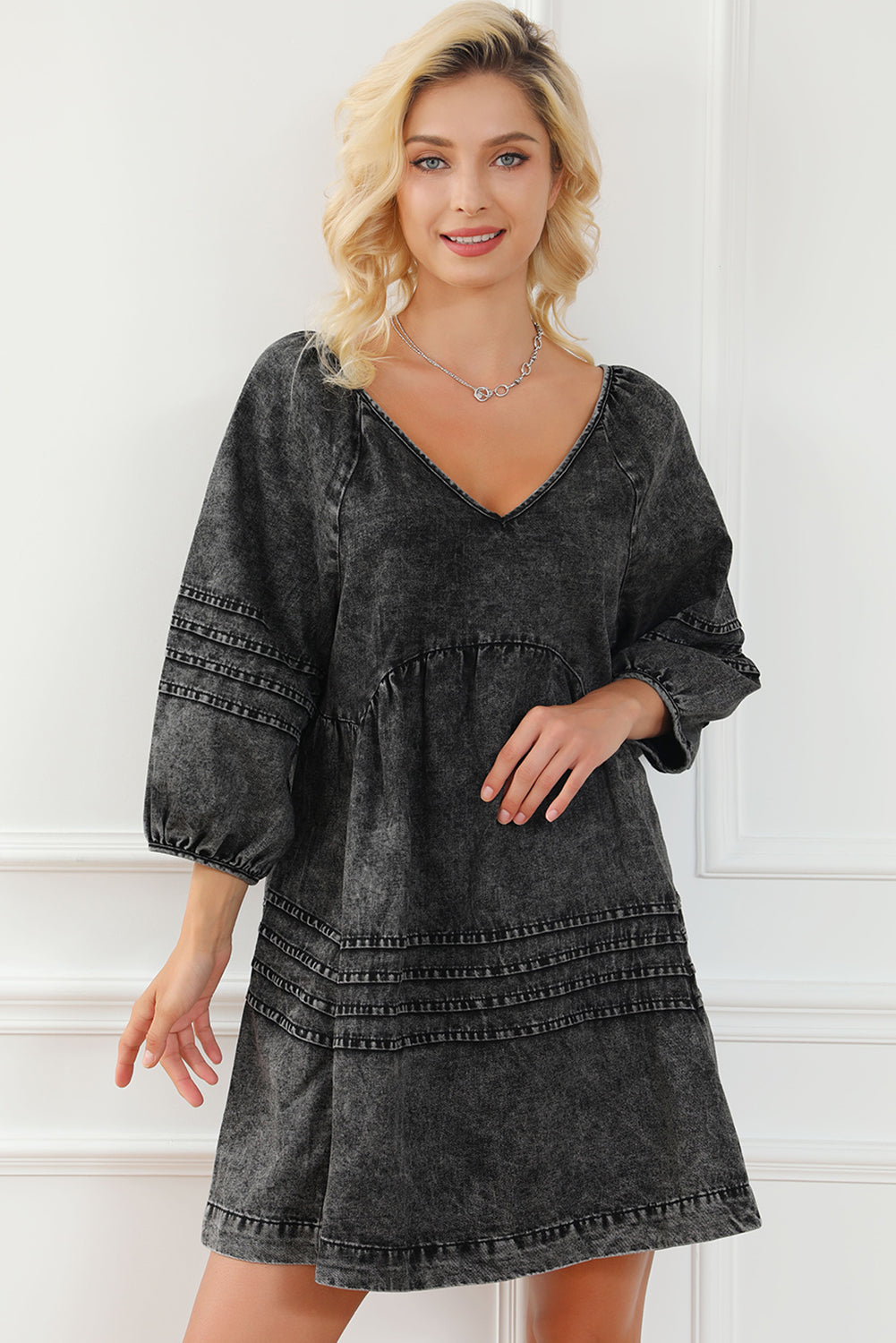 Blue Zone Planet | Black Pleated V Neck Puff Sleeve Denim Babydoll Dress-TOPS / DRESSES-[Adult]-[Female]-2022 Online Blue Zone Planet