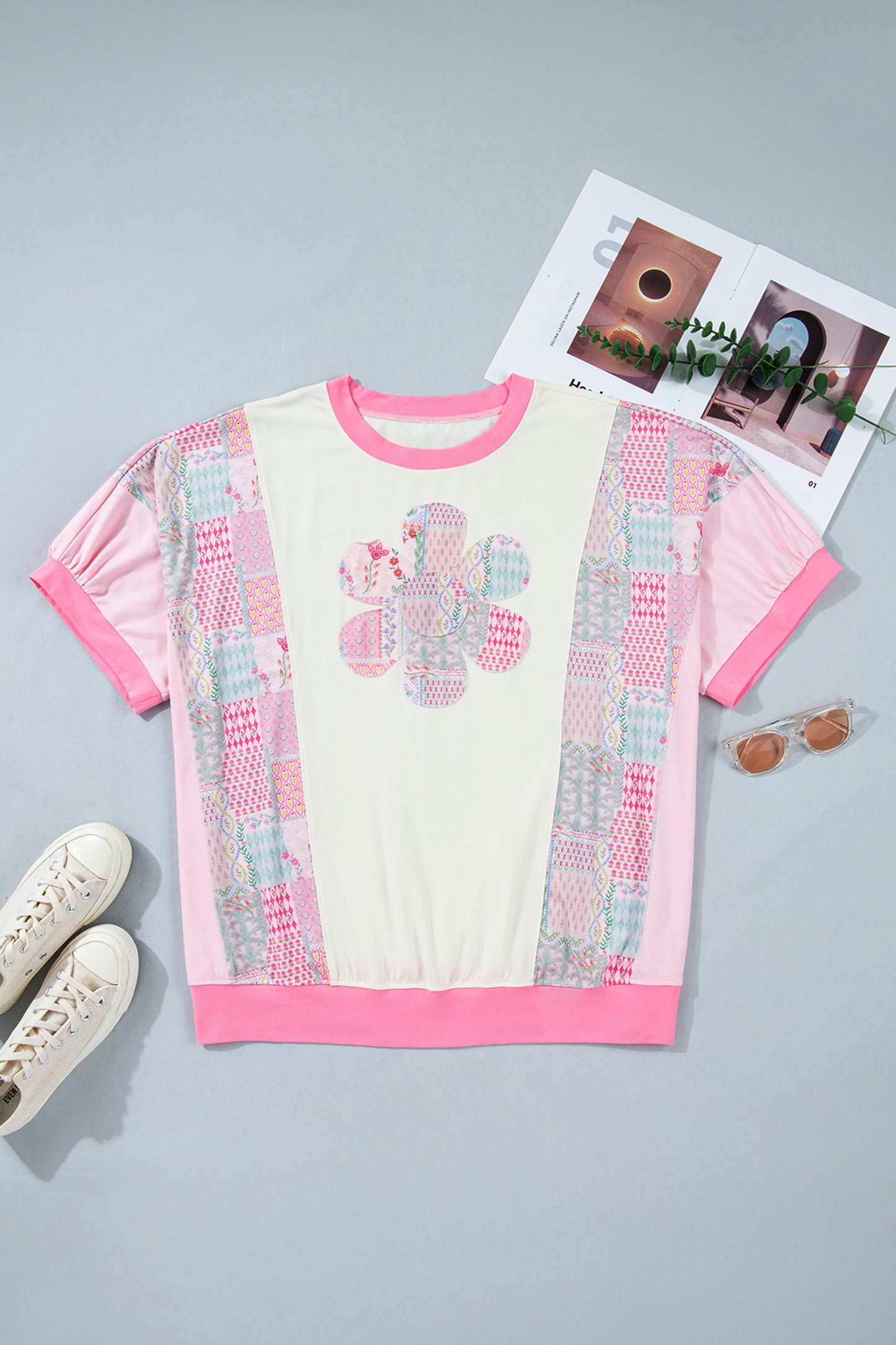 Beige Plus Size Floral Patchwork Short Sleeve Patch Embroidery Cotton T Shirt-Plus Size/Plus Size Tops/Plus Size Tops & Tees-[Adult]-[Female]-2022 Online Blue Zone Planet