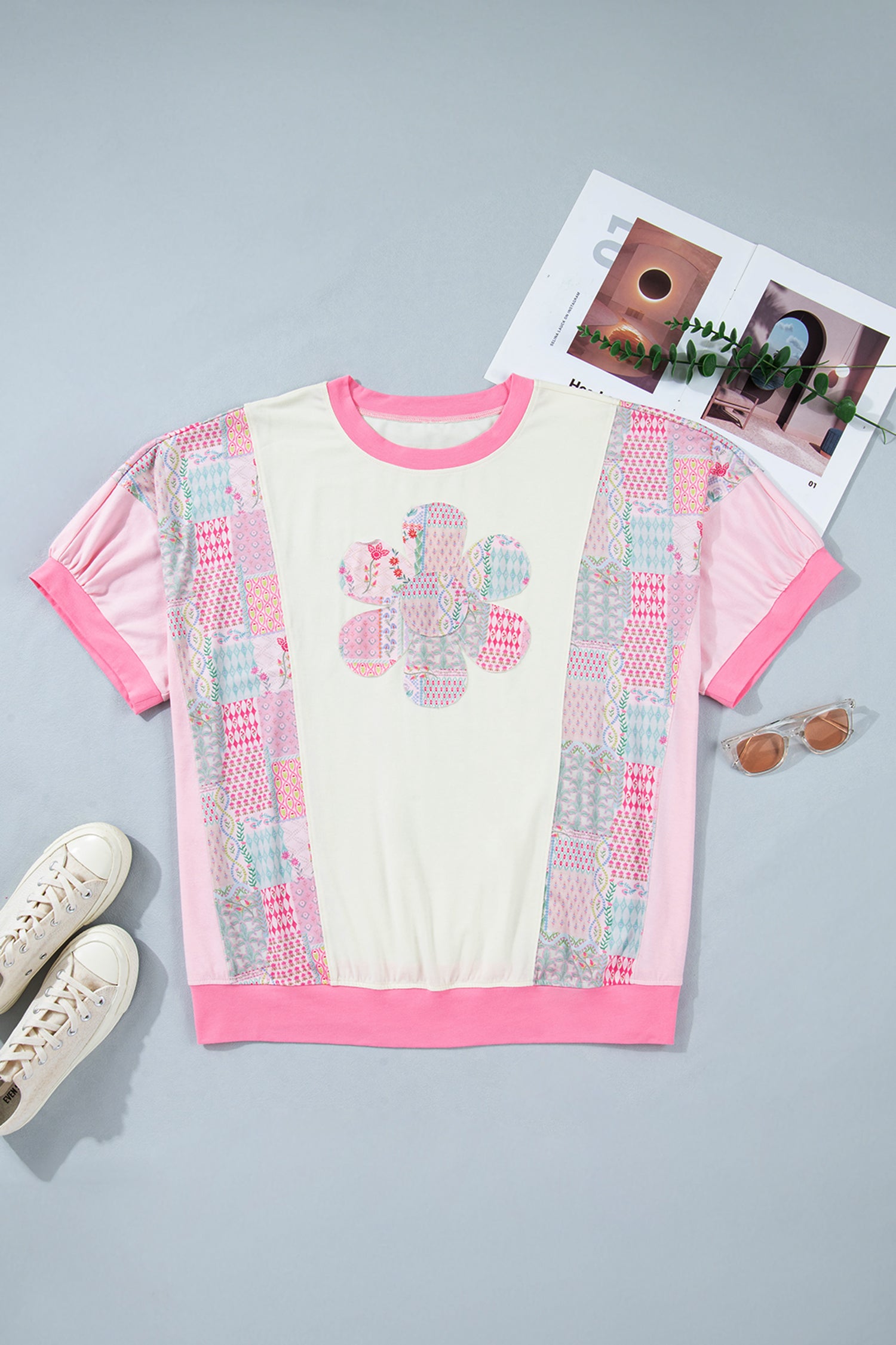Beige Plus Size Floral Patchwork Short Sleeve Patch Embroidery Cotton T Shirt-Plus Size/Plus Size Tops/Plus Size Tops & Tees-[Adult]-[Female]-2022 Online Blue Zone Planet