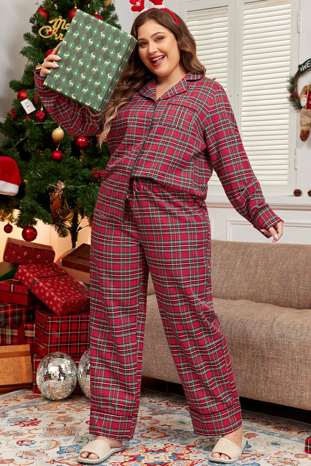 Red Plaid Printed Shirt and Pants Plus Size Lounge Set-Plus Size/Plus Size Loungewear-[Adult]-[Female]-2022 Online Blue Zone Planet