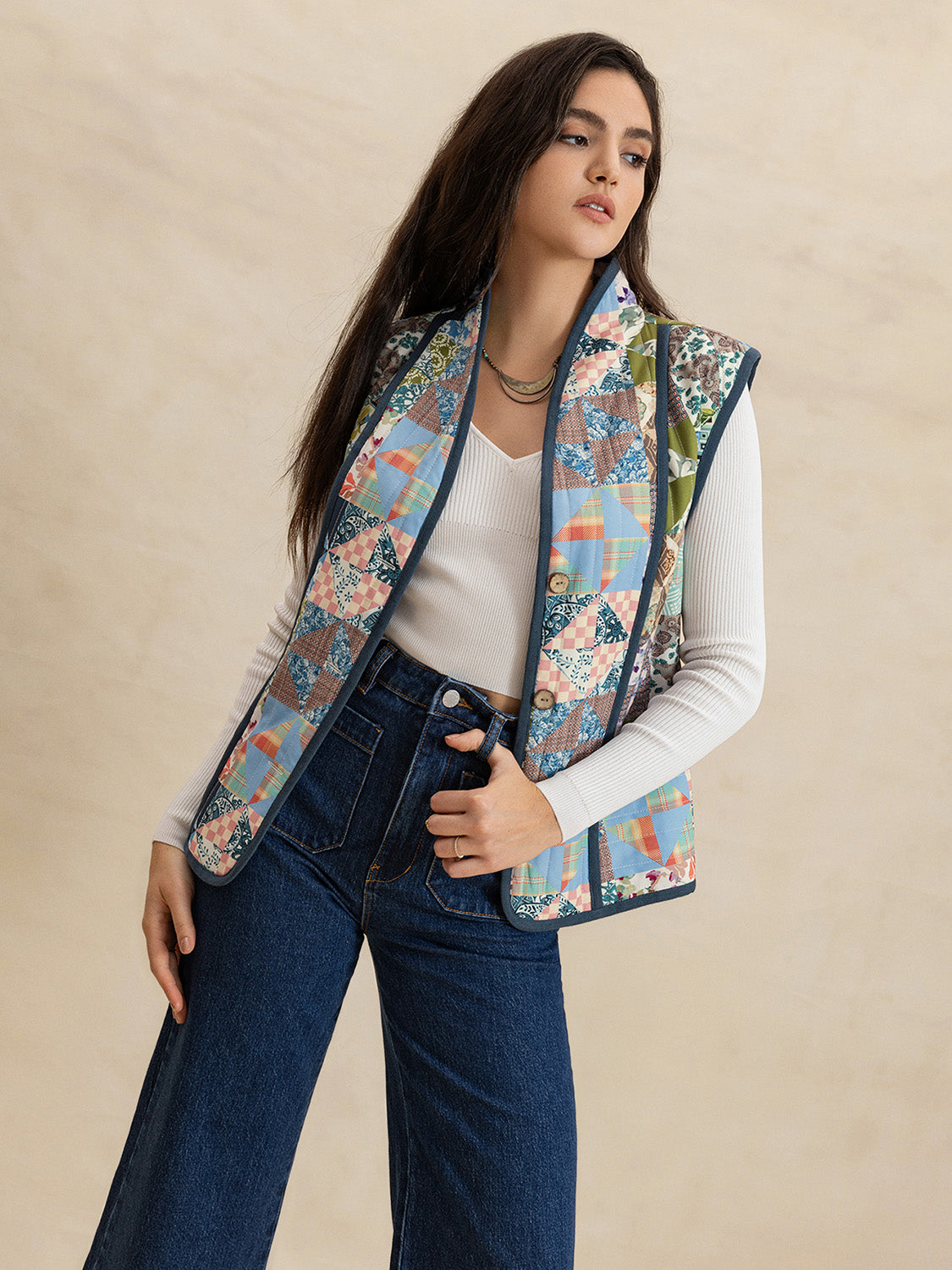 Printed Patchwork Contrast Piping Vest-TOPS / DRESSES-[Adult]-[Female]-2022 Online Blue Zone Planet