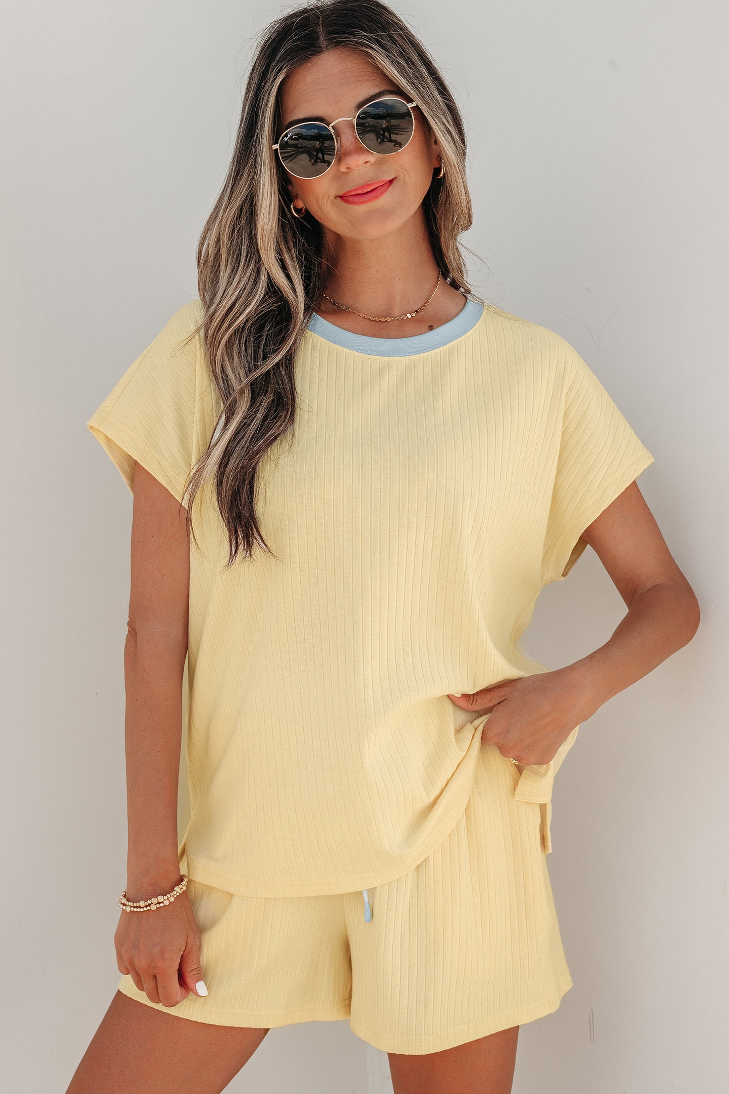 Mist Blue Soft Ribbed Color Block Trim Casual Short Set-Two Piece Sets/Short Sets-[Adult]-[Female]-Yellow Cream-S-2022 Online Blue Zone Planet