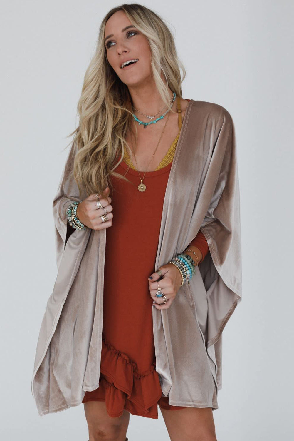 Smoke Gray 3/4 Sleeve Open Front Velvet Kimono-Outerwear/Kimonos-[Adult]-[Female]-2022 Online Blue Zone Planet