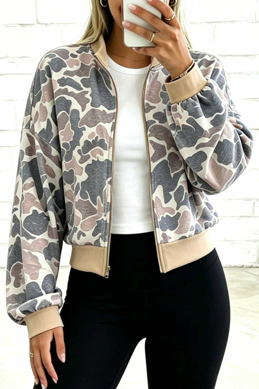 Multicolour Camouflage Print Color Block Trim Zip Bomber Sweatshirt-Tops/Sweatshirts & Hoodies-[Adult]-[Female]-Multicolour-S-2022 Online Blue Zone Planet