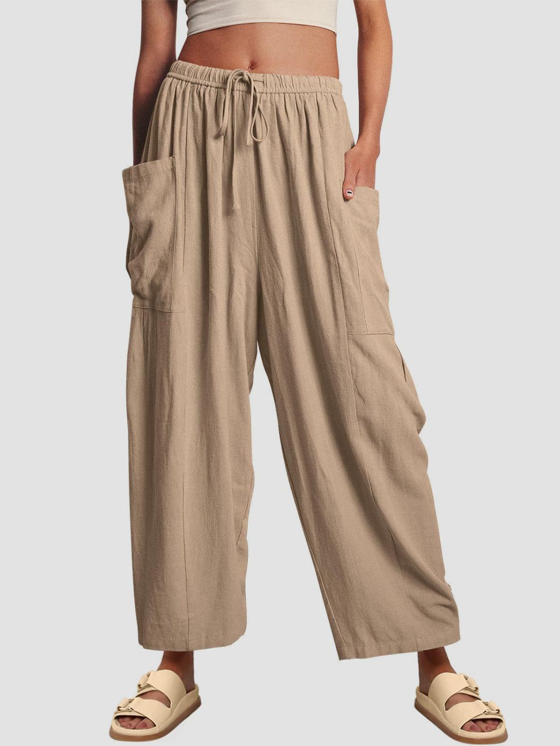 Full Size Wide Leg Pants with Pockets-BOTTOMS SIZES SMALL MEDIUM LARGE-[Adult]-[Female]-Khaki-S-2022 Online Blue Zone Planet