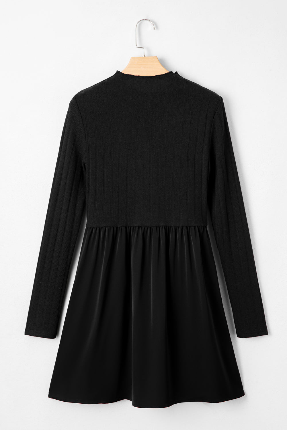 Red Dahlia Frilled Neck Ribbed Knit Patchwork Long Sleeve Mini Dress