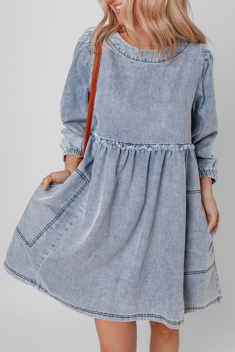 Blue Zone Planet | Beau Blue Light Wash High Waist Loose Fit Denim Mini Dress-TOPS / DRESSES-[Adult]-[Female]-2022 Online Blue Zone Planet