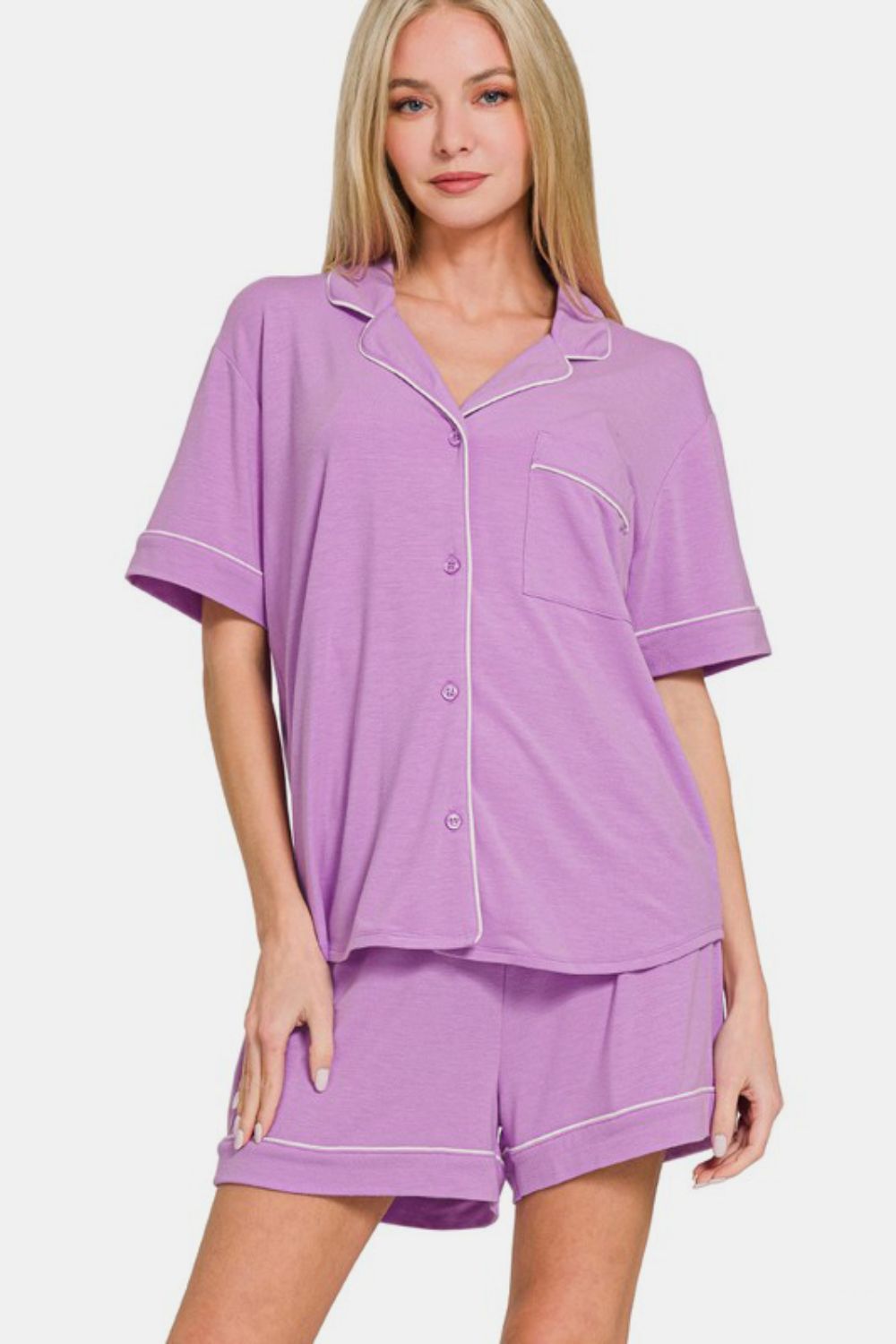 Zenana Button Down Short Sleeve Top and Shorts Lounge Set-TOPS / DRESSES-[Adult]-[Female]-Heliotrope Purple-S-2022 Online Blue Zone Planet