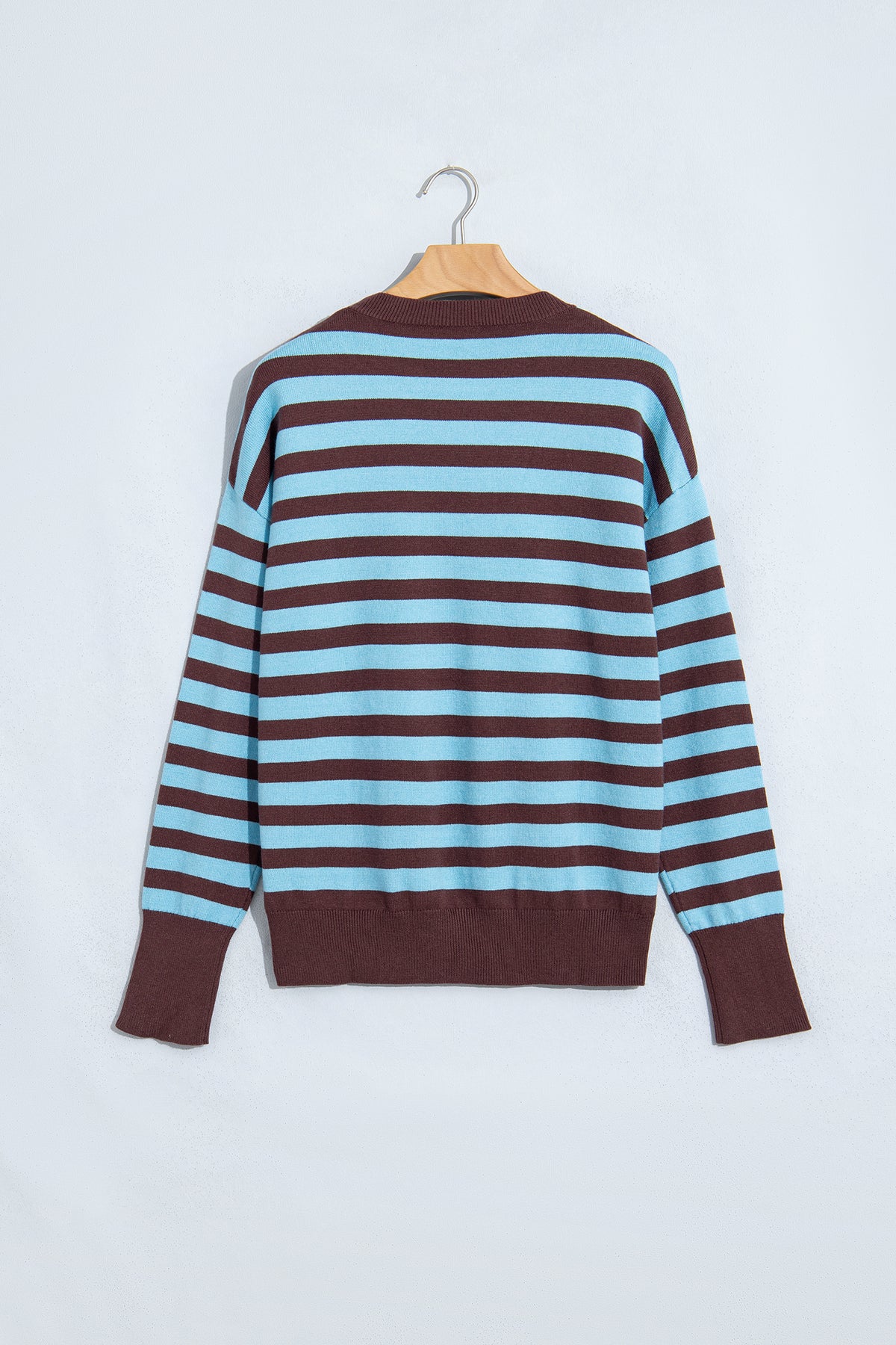 Brown Stripe Color Block Loose Crew Neck Cuffed Sweater-TOPS / DRESSES-[Adult]-[Female]-2022 Online Blue Zone Planet