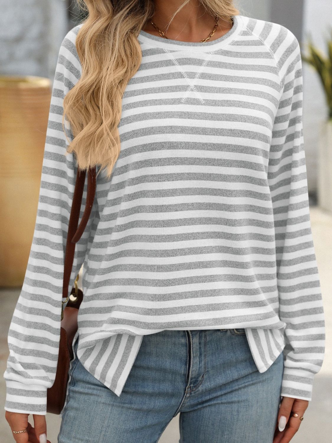 Blue Zone Planet | Mandy Striped Round Neck Long Sleeve T-Shirt-TOPS / DRESSES-[Adult]-[Female]-Light Gray-S-2022 Online Blue Zone Planet