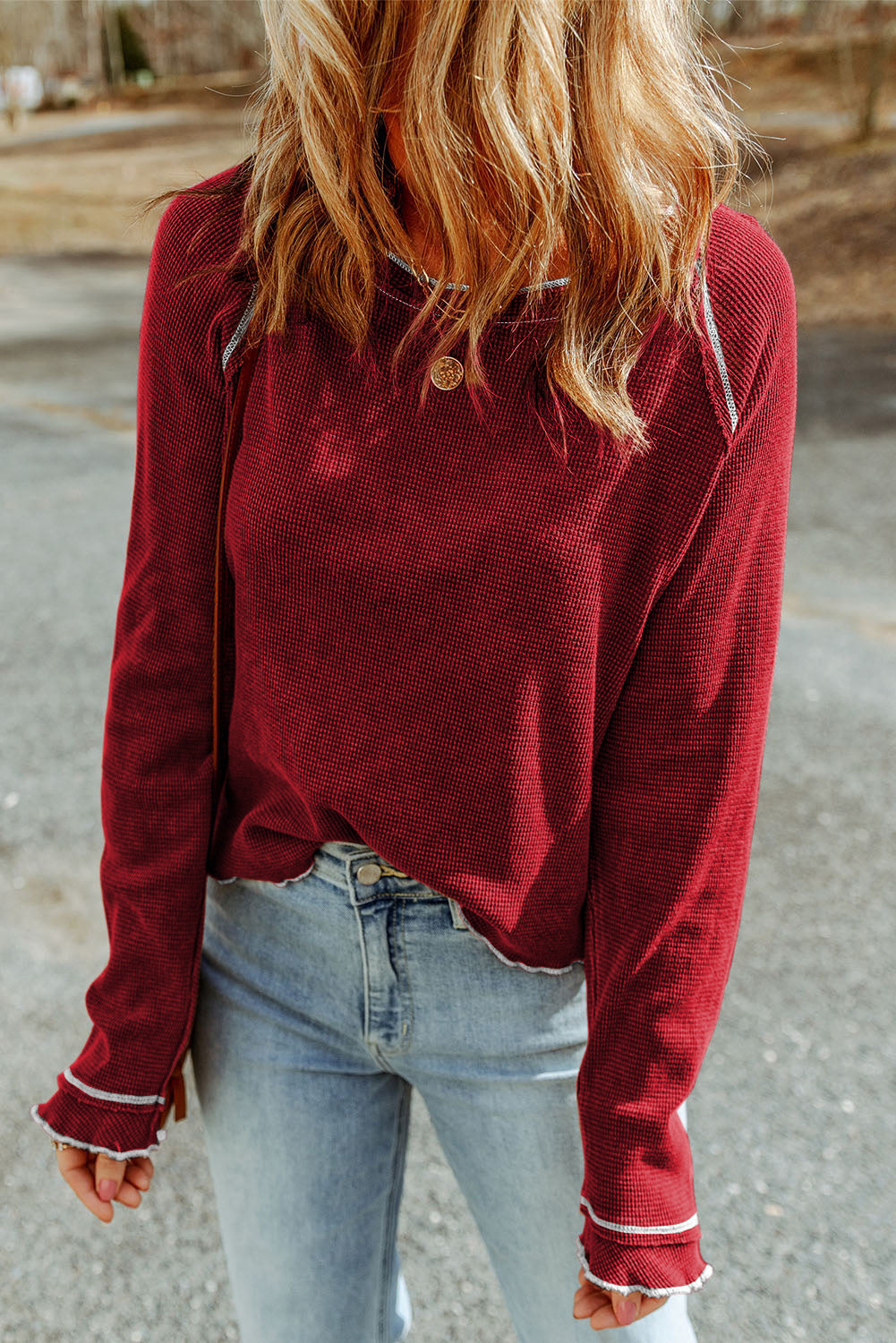 Blue Zone Planet |  Black Textured Round Neck Long Sleeve Top