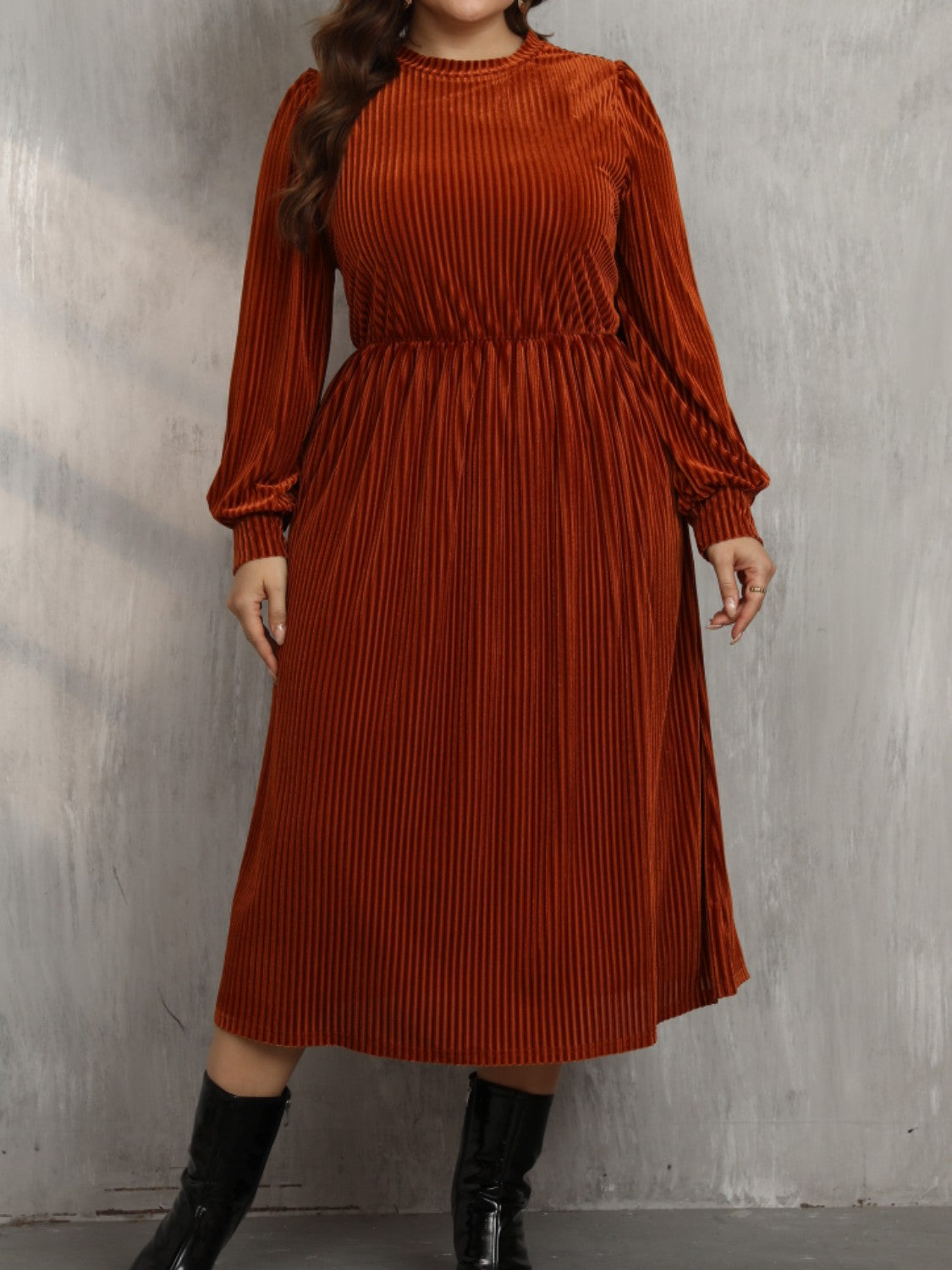 Blue Zone Planet | Plus Size Round Neck Long Sleeve Midi Dress-TOPS / DRESSES-[Adult]-[Female]-2022 Online Blue Zone Planet