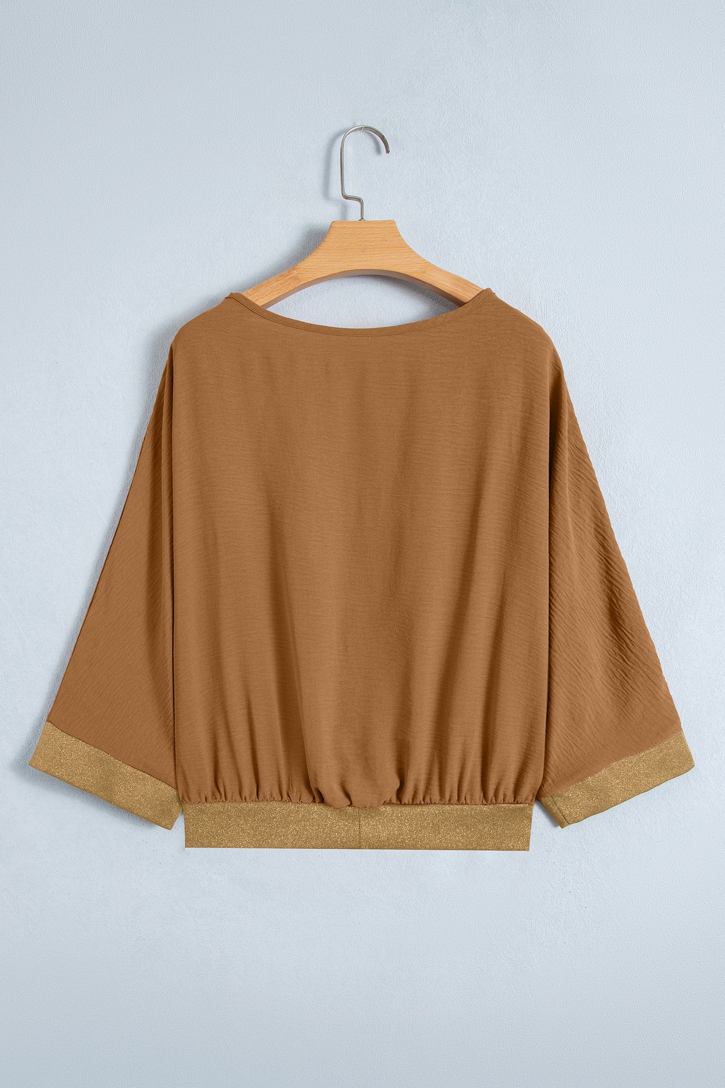 Brown V Neck Glitter Trim Patchwork Button-Front Blouse-Tops/Blouses & Shirts-[Adult]-[Female]-2022 Online Blue Zone Planet