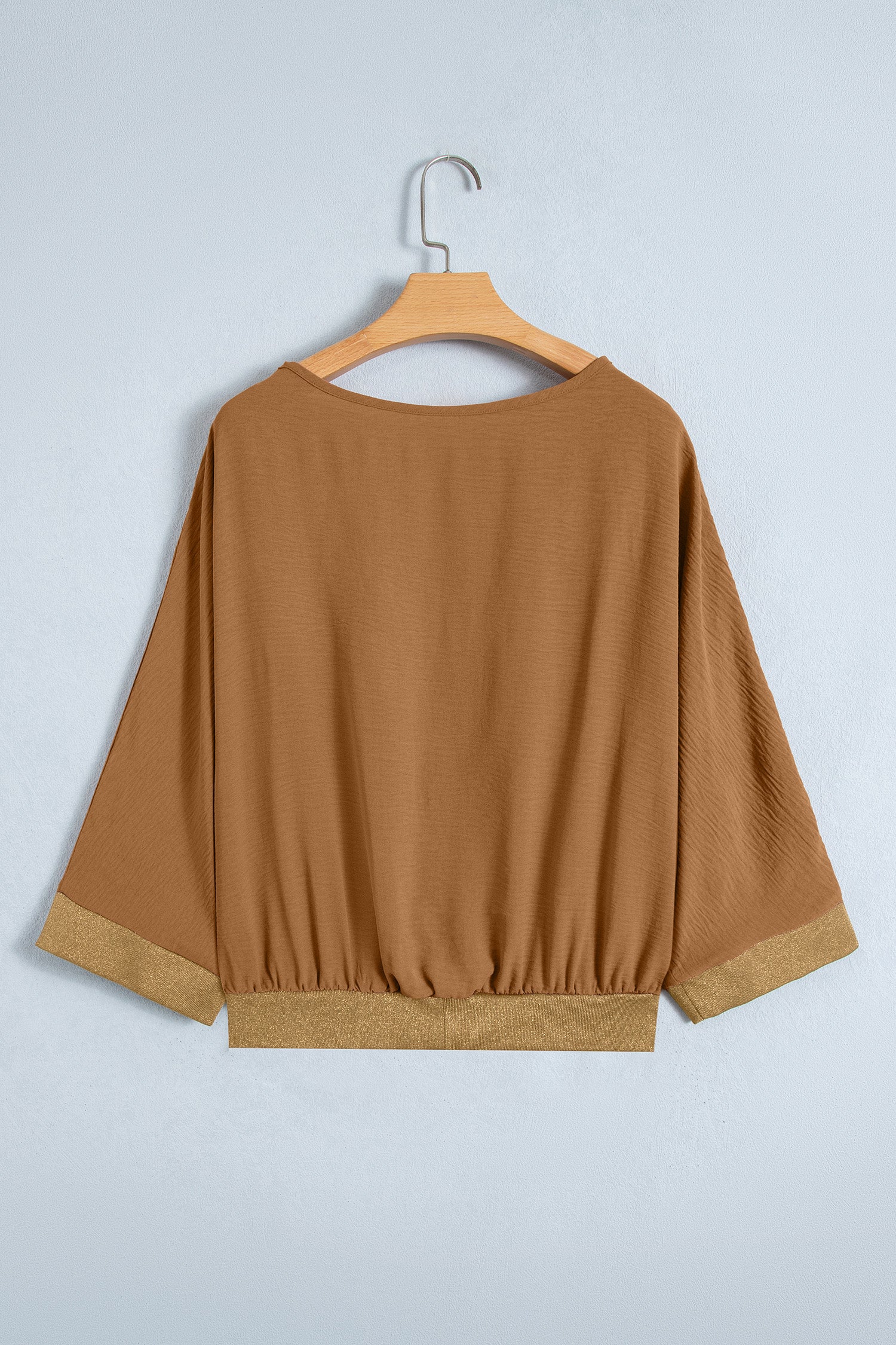 Brown V Neck Glitter Trim Patchwork Button-Front Blouse-Tops/Blouses & Shirts-[Adult]-[Female]-2022 Online Blue Zone Planet