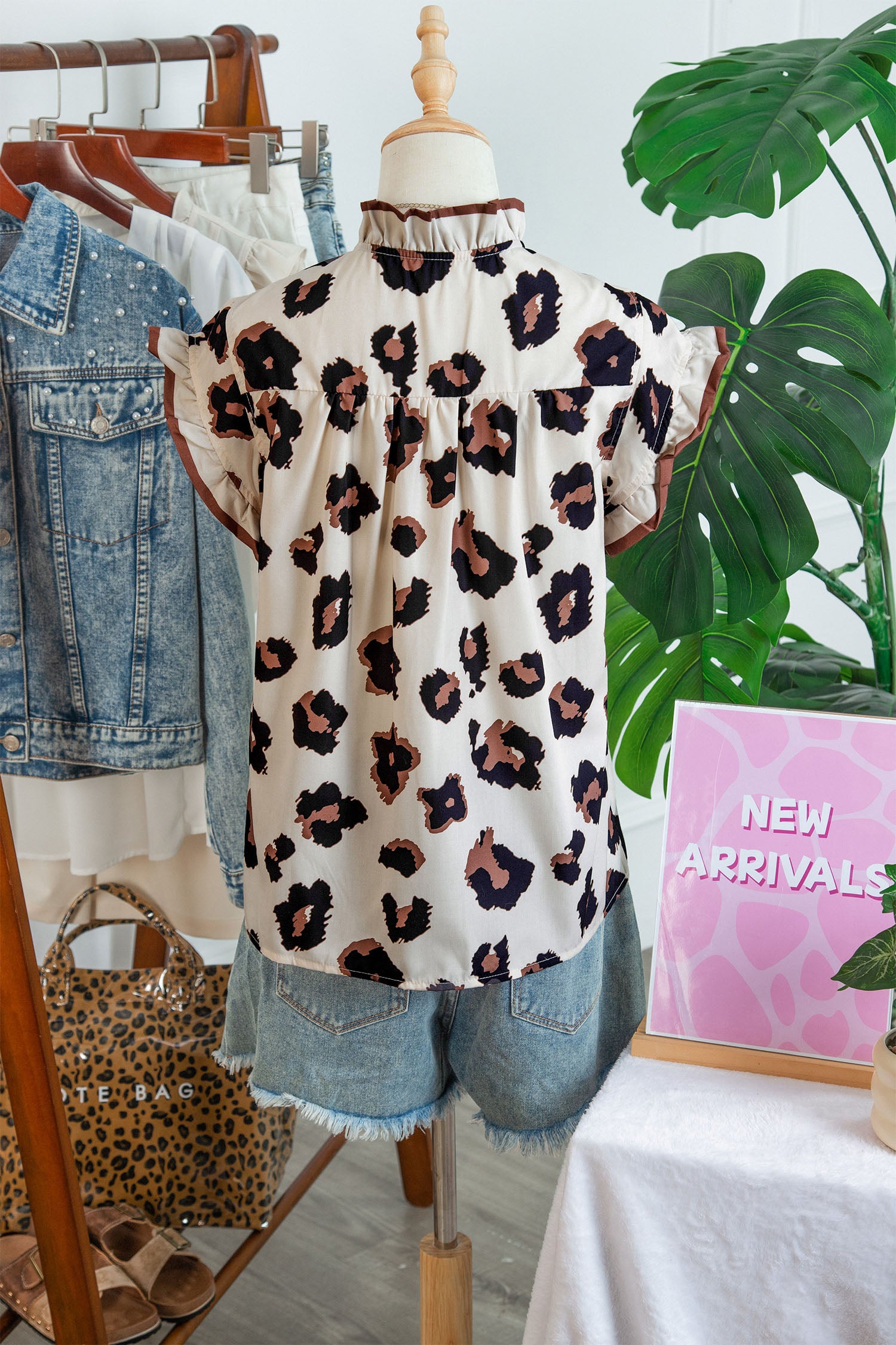 Khaki Leopard Printed Ruffle Sleeve Summer Blouse-Tops/Blouses & Shirts-[Adult]-[Female]-2022 Online Blue Zone Planet