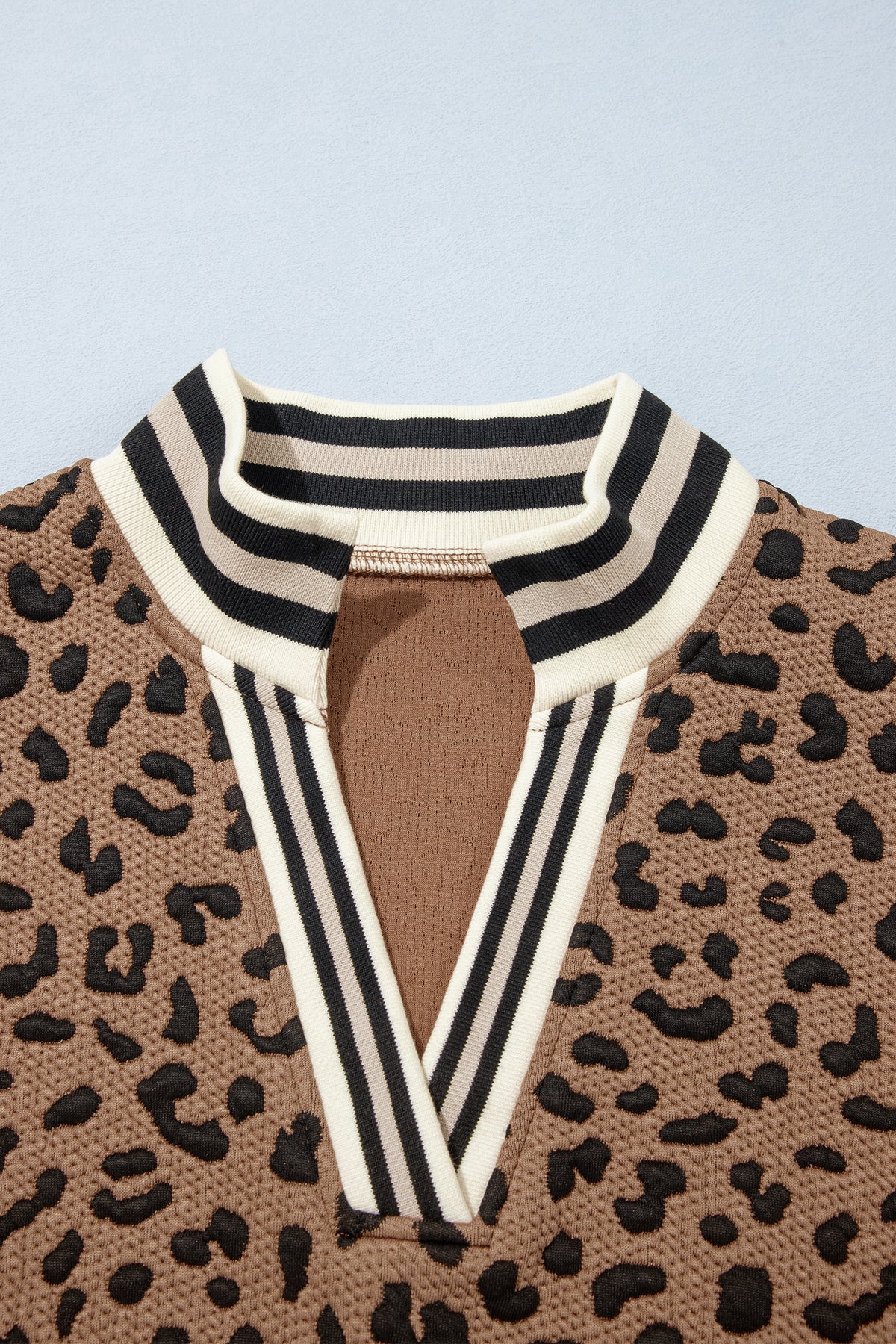 Brown Leopard Print Striped Trim Collar Long Sleeve Shift Pullover-Tops/Long Sleeve Tops-[Adult]-[Female]-2022 Online Blue Zone Planet