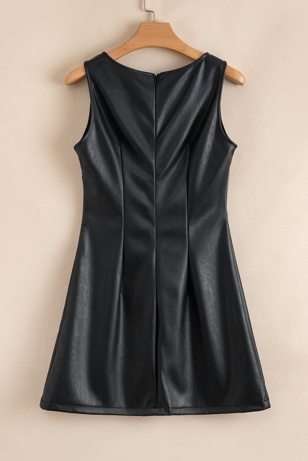 Black Faux Leather Sleeveless Round Neck Mini Dress