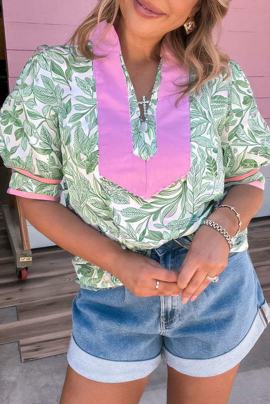 Green Leaves Pattern Color Block V Neck Puff Sleeve Blouse-Tops/Blouses & Shirts-[Adult]-[Female]-Green-S-2022 Online Blue Zone Planet