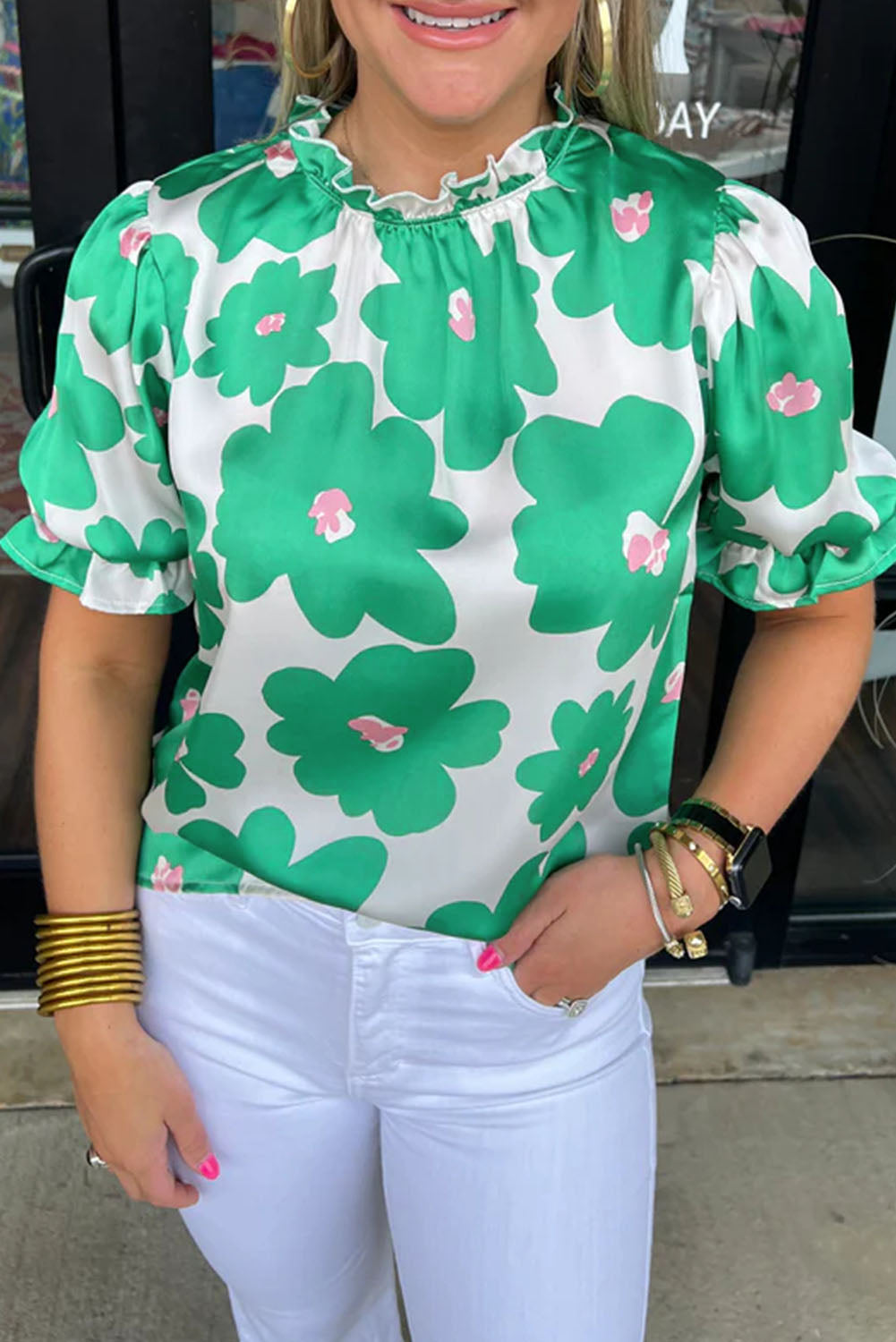 Green Floral Puff Sleeve Frill Neckline Blouse-Tops/Blouses & Shirts-[Adult]-[Female]-Green-S-2022 Online Blue Zone Planet