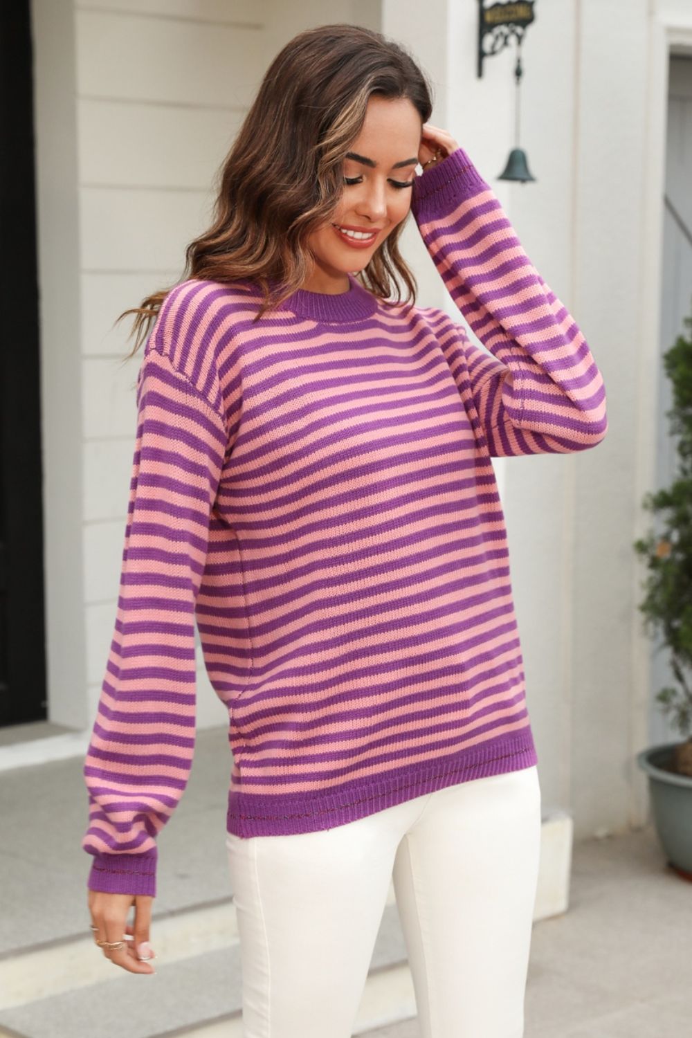 Angel Wings Striped Round Neck Dropped Shoulder Sweater-TOPS / DRESSES-[Adult]-[Female]-2022 Online Blue Zone Planet