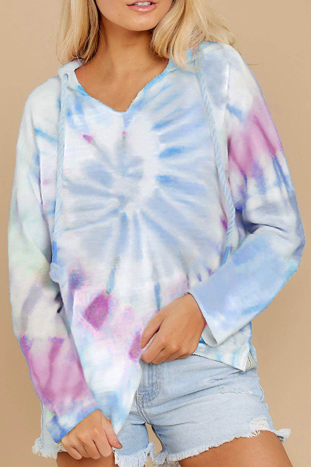 Drawstring Tie-Dye Long Sleeve Hoodie-HOODIES-[Adult]-[Female]-Light Blue-S-2022 Online Blue Zone Planet