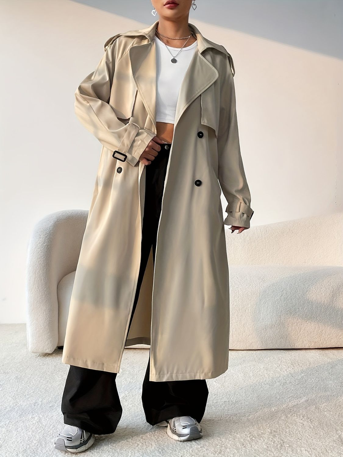 Blue Zone Planet | Collared Neck Long Sleeve Longline Trench Coat-TOPS / DRESSES-[Adult]-[Female]-2022 Online Blue Zone Planet