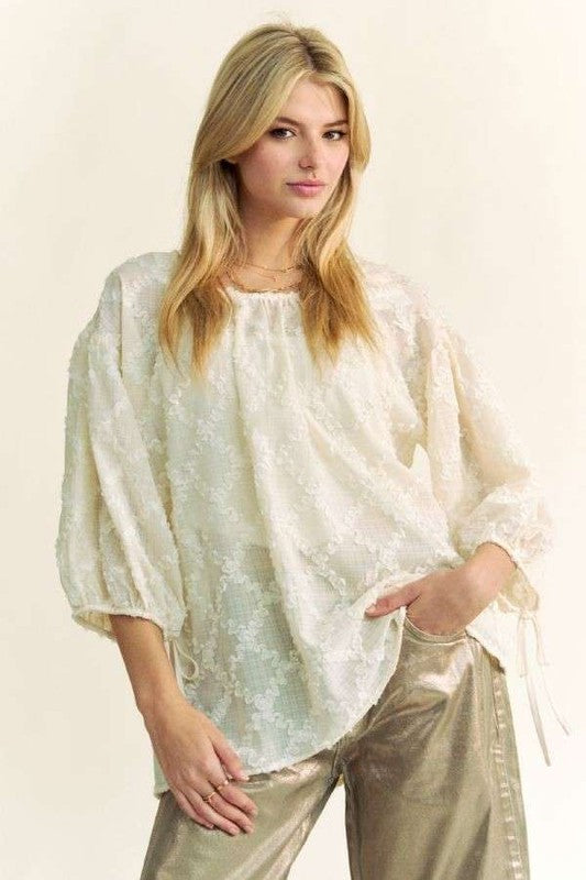 Davi & Dani Tied Round Neck Mesh Blouse-TOPS / DRESSES-[Adult]-[Female]-Cream-S-2022 Online Blue Zone Planet