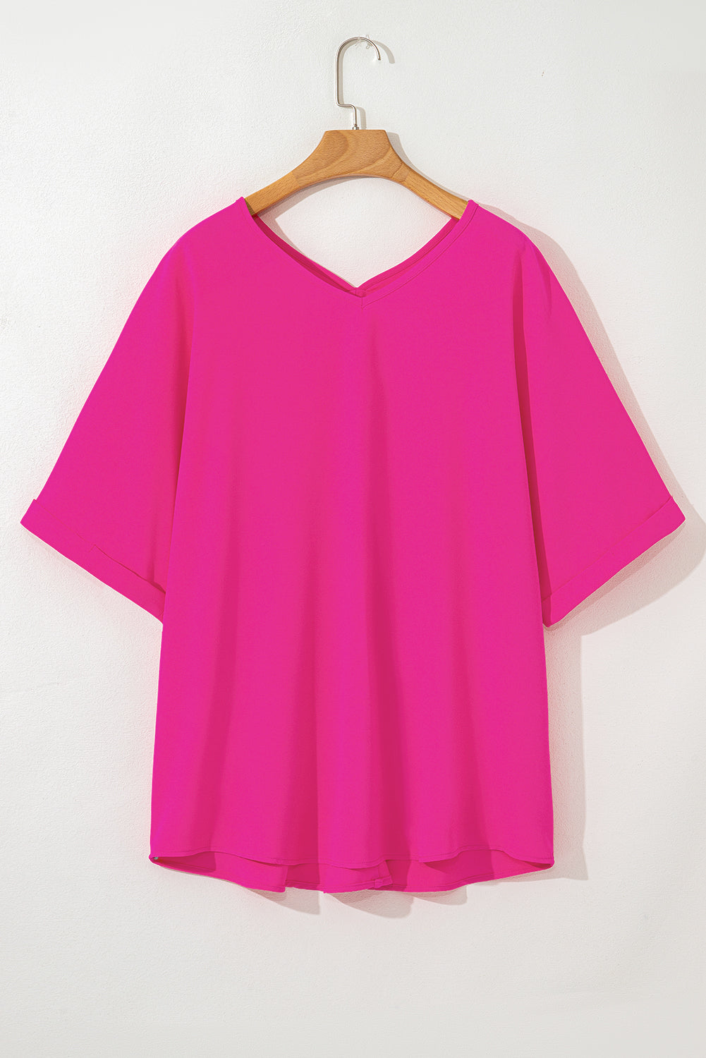 Bright Pink Seamed Back High Low Hem V Neck Cuffed Sleeve Plus Size Tee-Plus Size/Plus Size Tops/Plus Size Tops & Tees-[Adult]-[Female]-2022 Online Blue Zone Planet
