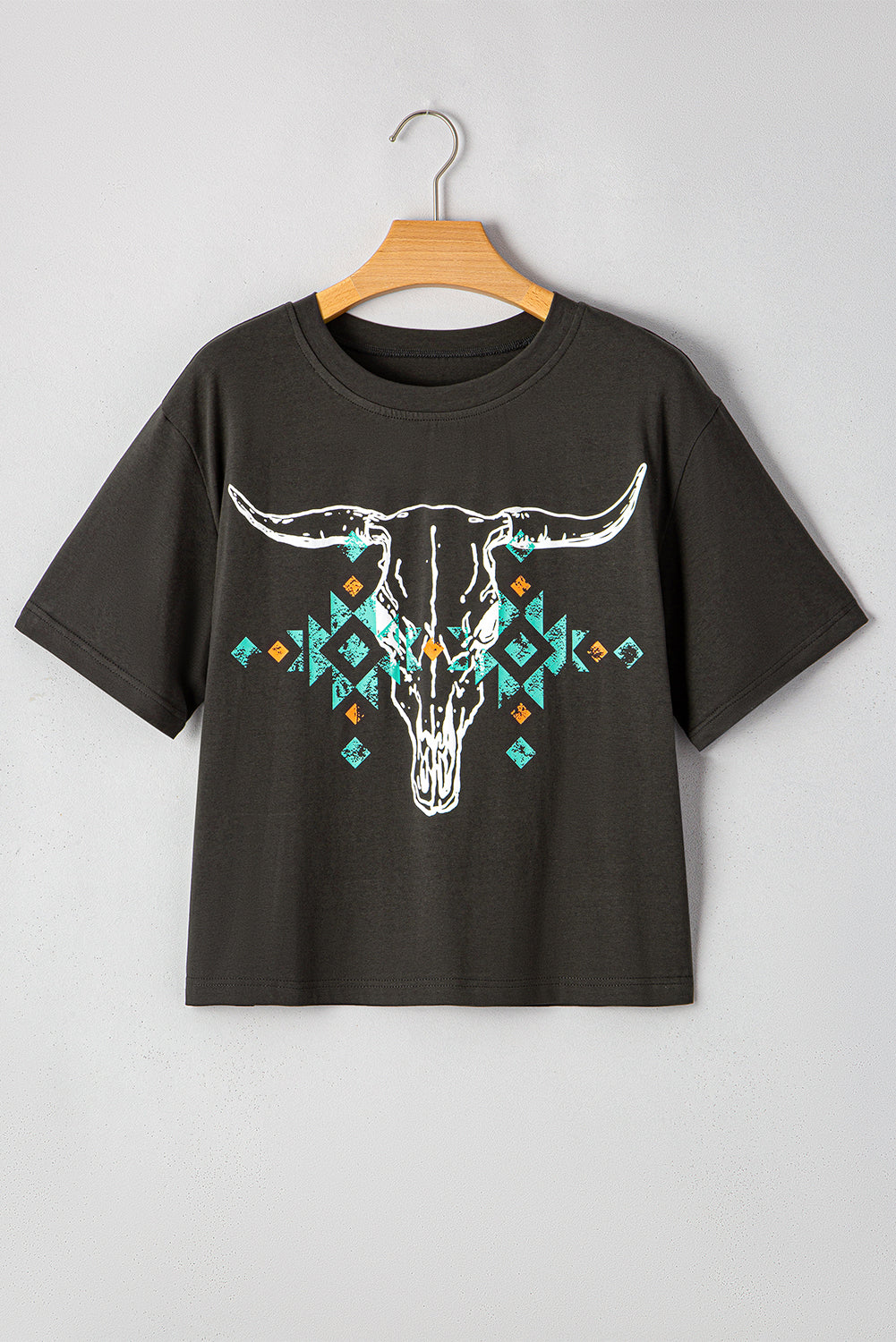 Blue Zone Planet | Carbon Grey Vintage Western Bull Head Skull Turquoise Aztec Graphic T Shirt-Tops/Tops & Tees-[Adult]-[Female]-2022 Online Blue Zone Planet