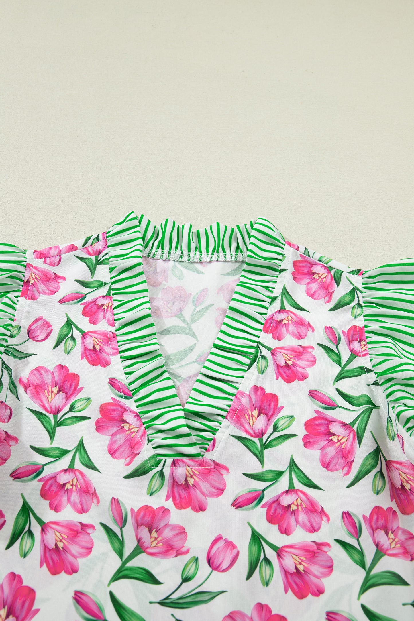 Multicolour Sweet Floral Print Striped Ruffle Trim V Neck Blouse-Tops/Blouses & Shirts-[Adult]-[Female]-2022 Online Blue Zone Planet