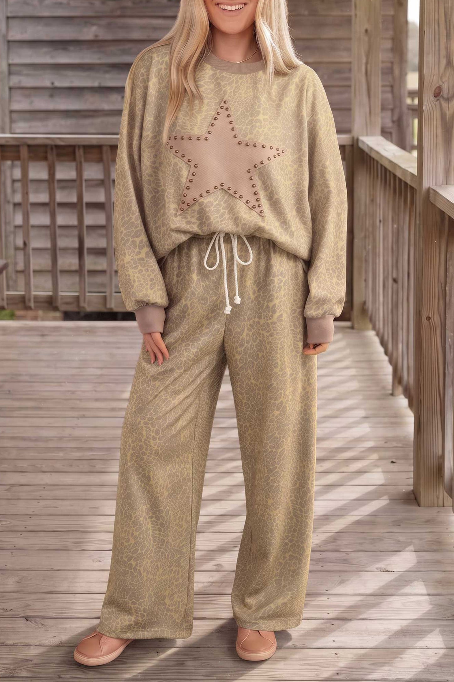 Khaki Leopard Star Print Long Sleeve Loose Casual Two Piece Pants Set-Two Piece Sets/Pant Sets-[Adult]-[Female]-2022 Online Blue Zone Planet