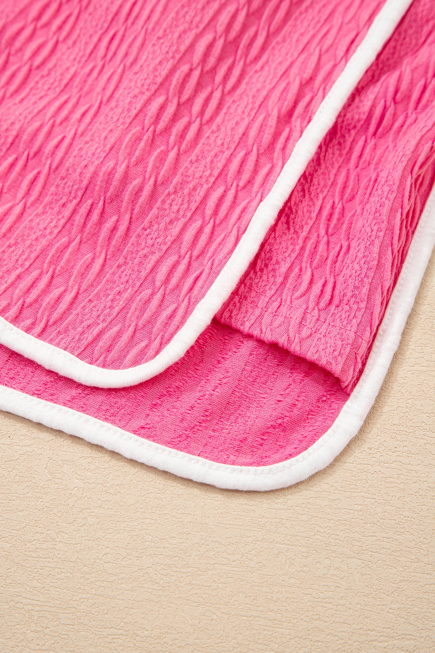 Bright Pink Textured Color Block Trim Loose Tee Drawstring Shorts 2pcs Set-Two Piece Sets/Short Sets-[Adult]-[Female]-2022 Online Blue Zone Planet