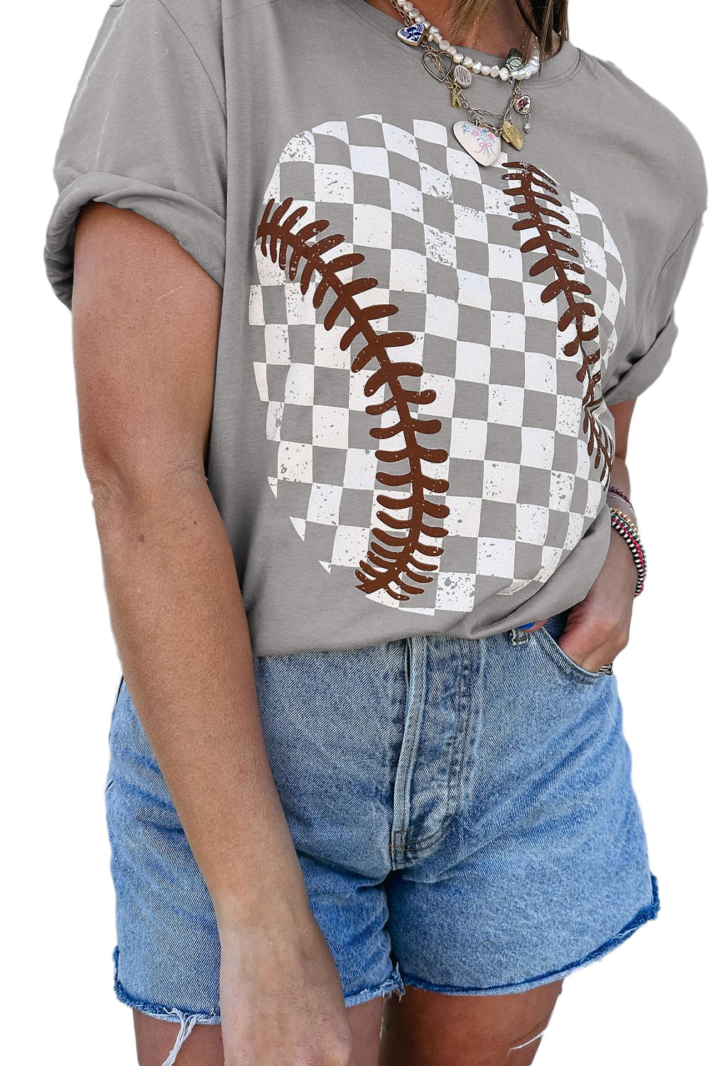 Gray Checkered Baseball Graphic Tee-Graphic/Graphic Tees-[Adult]-[Female]-2022 Online Blue Zone Planet