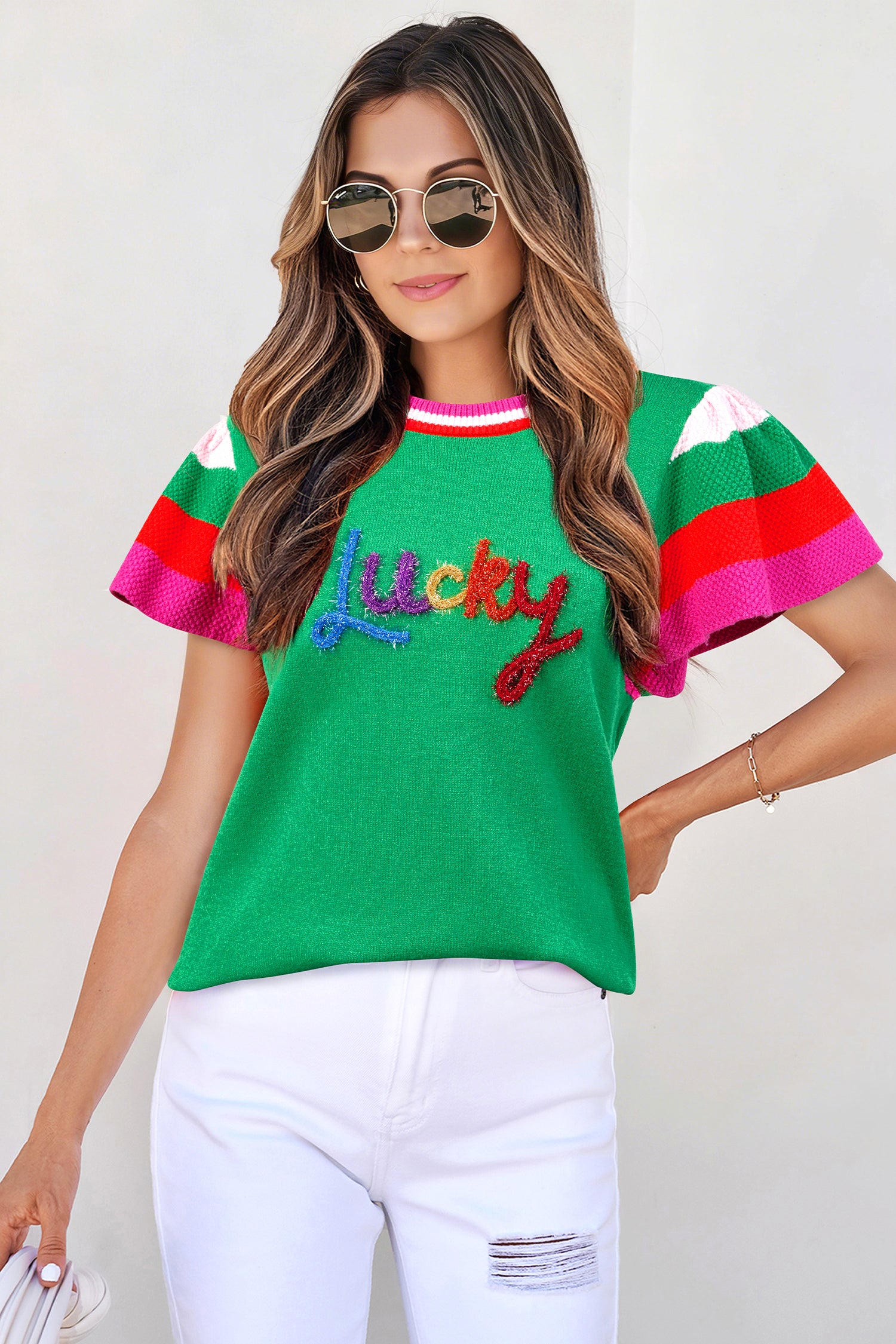 Bright Green Shiny Lucky Striped Flutter Sleeve Round Neck Sweater-Sweaters & Cardigans/Short Sleeve Sweaters-[Adult]-[Female]-2022 Online Blue Zone Planet