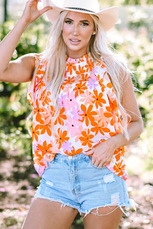 Orange Ruffled Sleeve Smocked Floral Top-Tops/Blouses & Shirts-[Adult]-[Female]-Orange-S-2022 Online Blue Zone Planet