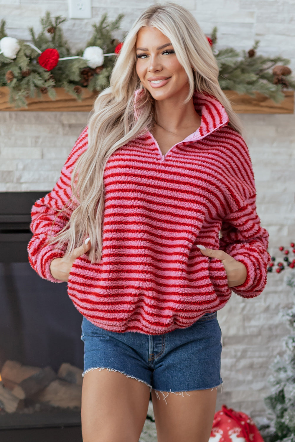 Pink Stripe Quarter Zip Fleece Oversize Sweatshirt-Tops/Sweatshirts & Hoodies-[Adult]-[Female]-2022 Online Blue Zone Planet