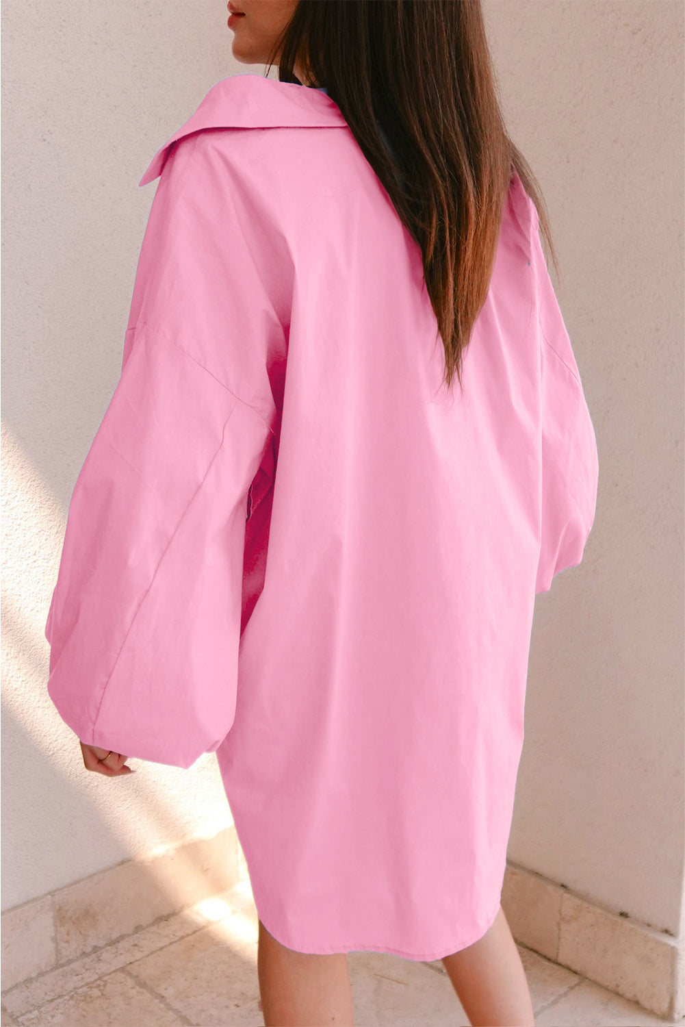 Blue Zone Planet | Bright Pink Balloon Sleeve Button Up Mini Shirt Dress-TOPS / DRESSES-[Adult]-[Female]-2022 Online Blue Zone Planet