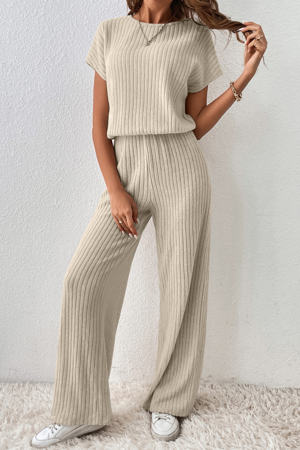Laurel Green Ribbed Keyhole Short Sleeve Wide Leg Jumpsuit-Bottoms/Jumpsuits & Rompers-[Adult]-[Female]-Oatmeal-S-2022 Online Blue Zone Planet