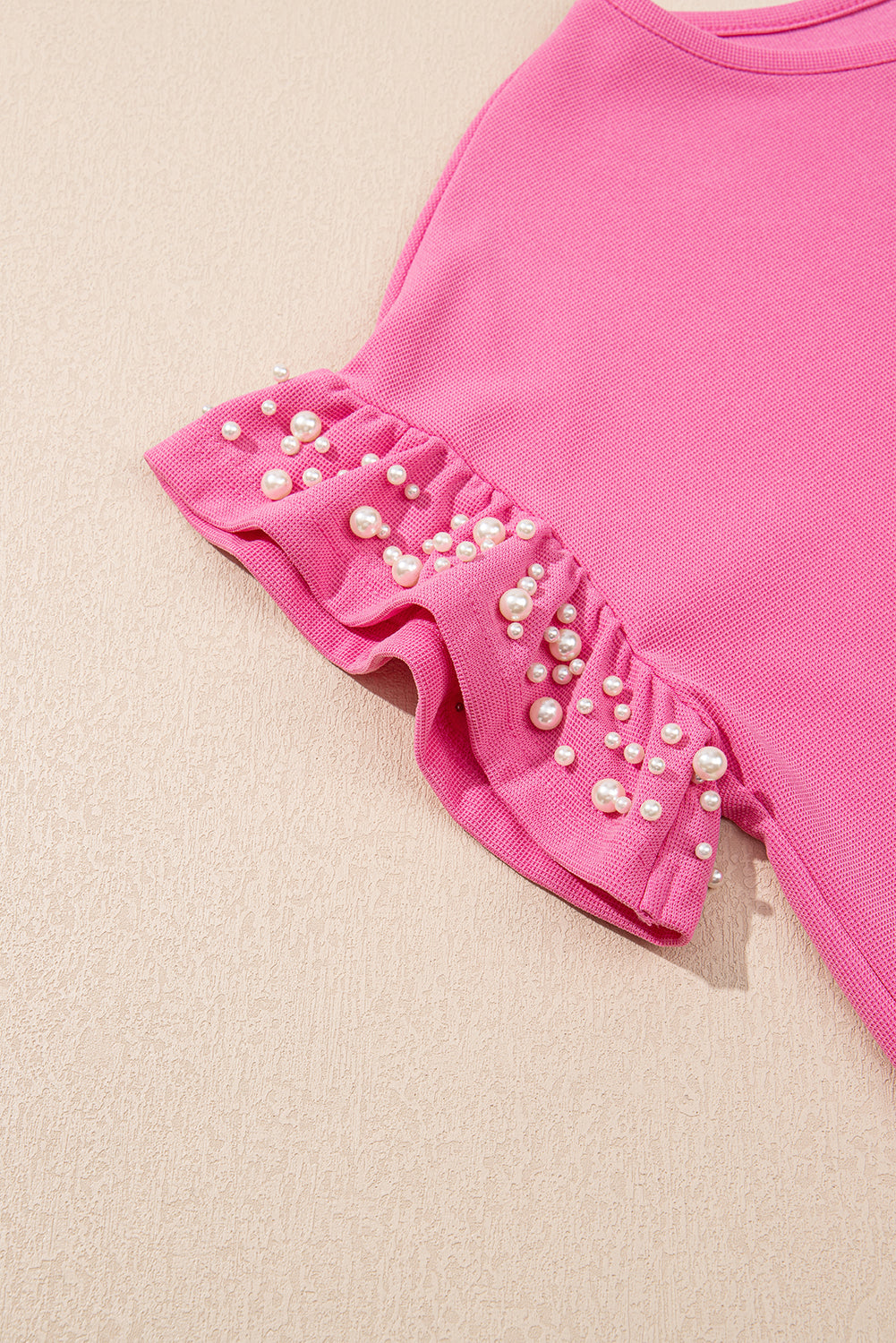 Bright Pink Textured Pearled Ruffle Sleeve Top 2 Piece Shorts Set-Two Piece Sets/Short Sets-[Adult]-[Female]-2022 Online Blue Zone Planet