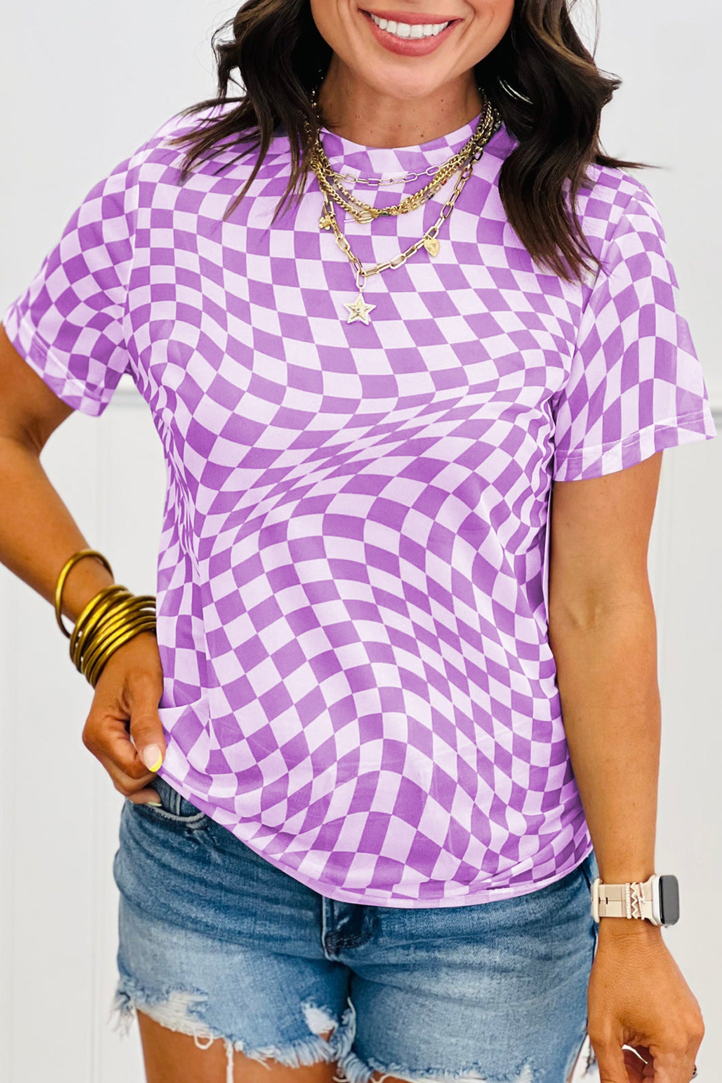 Khaki Checkered Print Mock Neck Mesh T Shirt-Tops/Tops & Tees-[Adult]-[Female]-Purple-S-2022 Online Blue Zone Planet