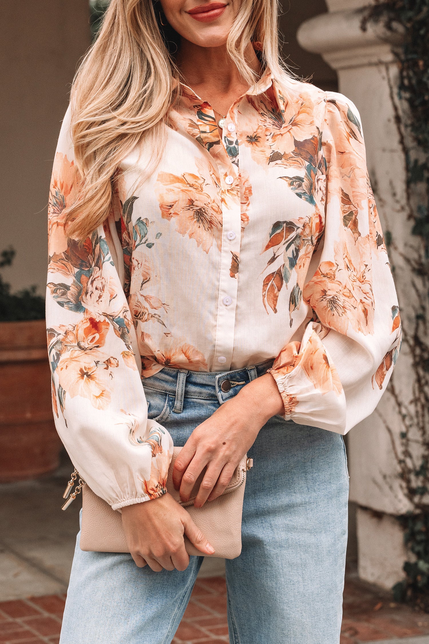 Orange Floral Puff Sleeve Lightweight Shirt-Tops/Blouses & Shirts-[Adult]-[Female]-2022 Online Blue Zone Planet