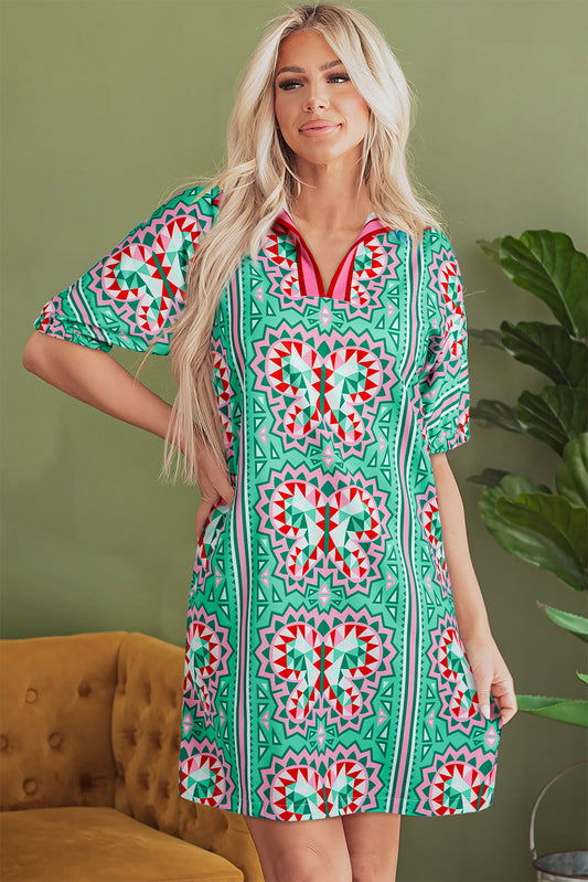 Mint Green Geometric Butterfly Print Split Neck Short Sleeve Dress-TOPS / DRESSES-[Adult]-[Female]-Mint Green-S-2022 Online Blue Zone Planet