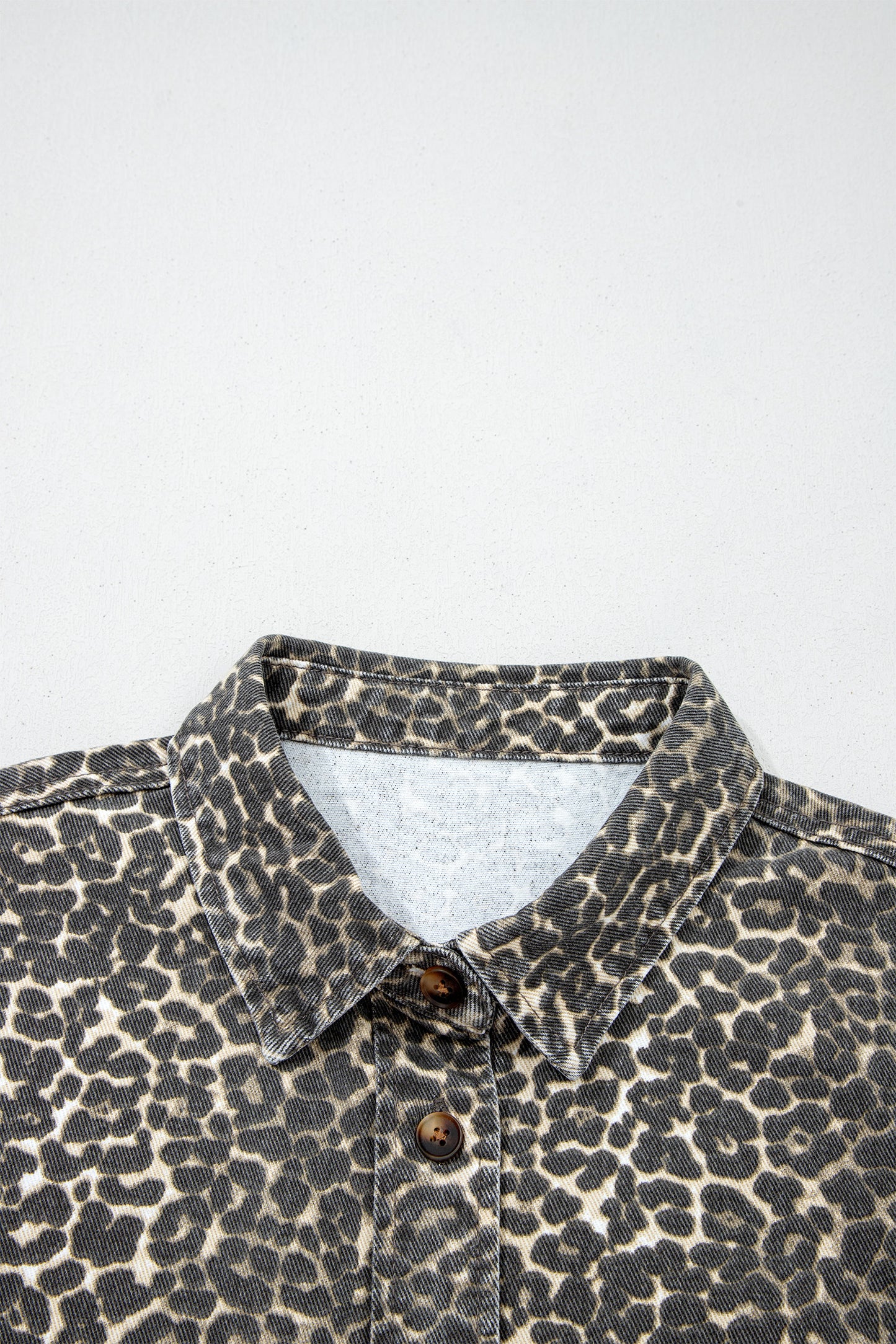Gray Vintage Leopard Print Short Sleeve Loose Cotton Denim Shirt-Tops/Blouses & Shirts-[Adult]-[Female]-2022 Online Blue Zone Planet